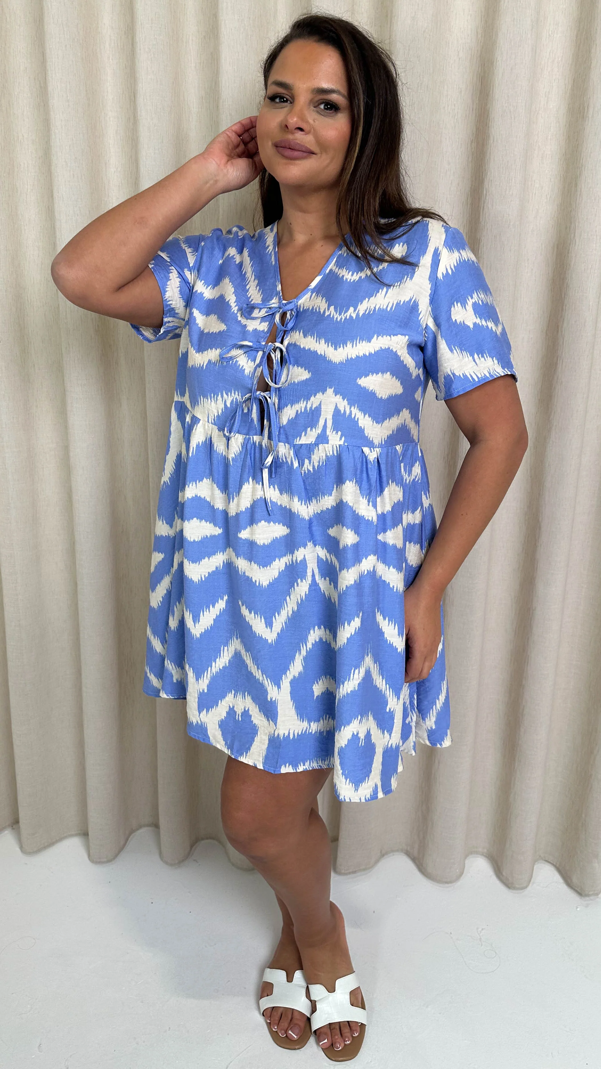 CurveWow Printed Tie Front Smock Dress Blue Aztec - Image 7