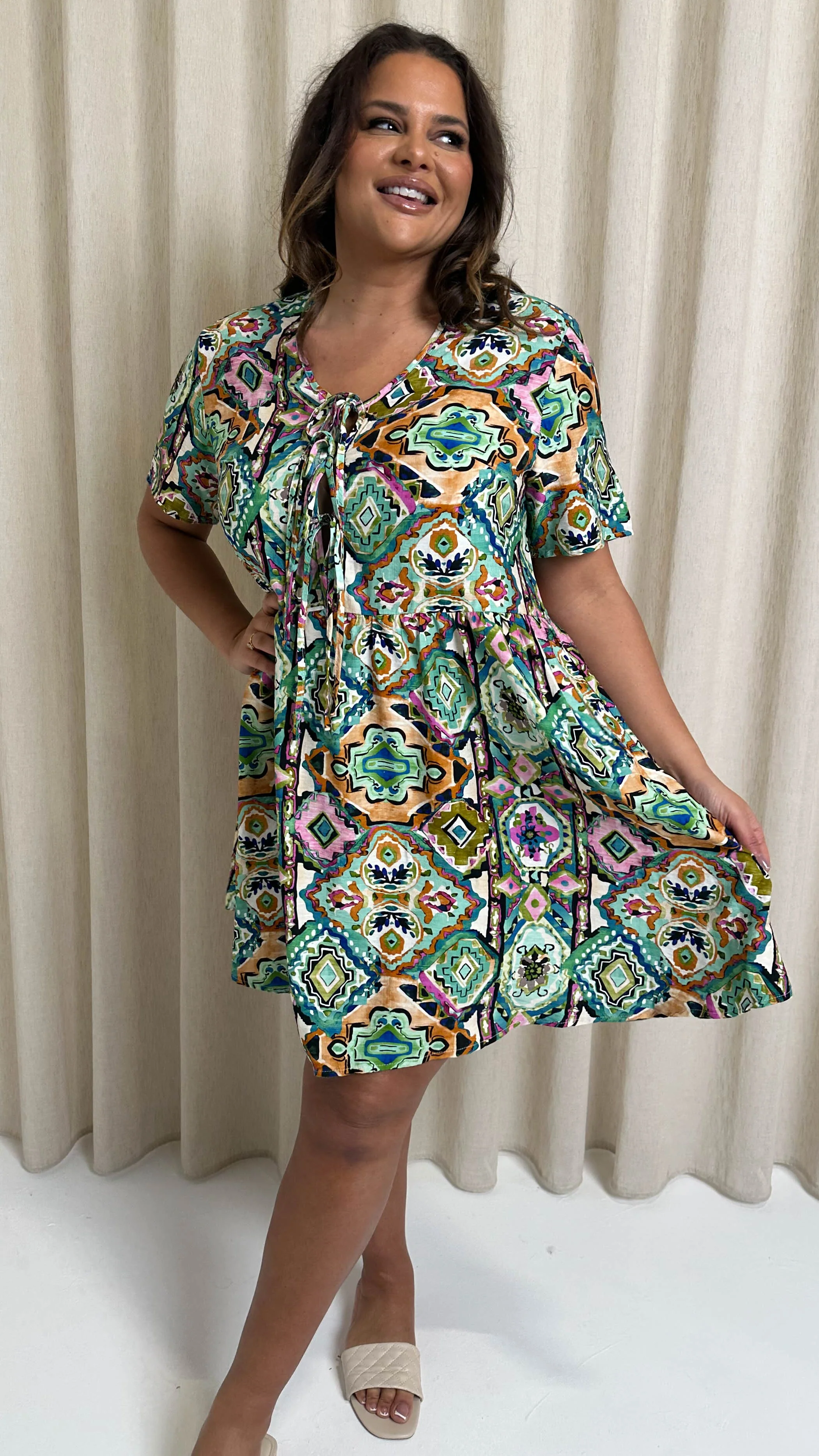 CurveWow Printed Tie Front Smock Dress Multi Aztec - Image 3