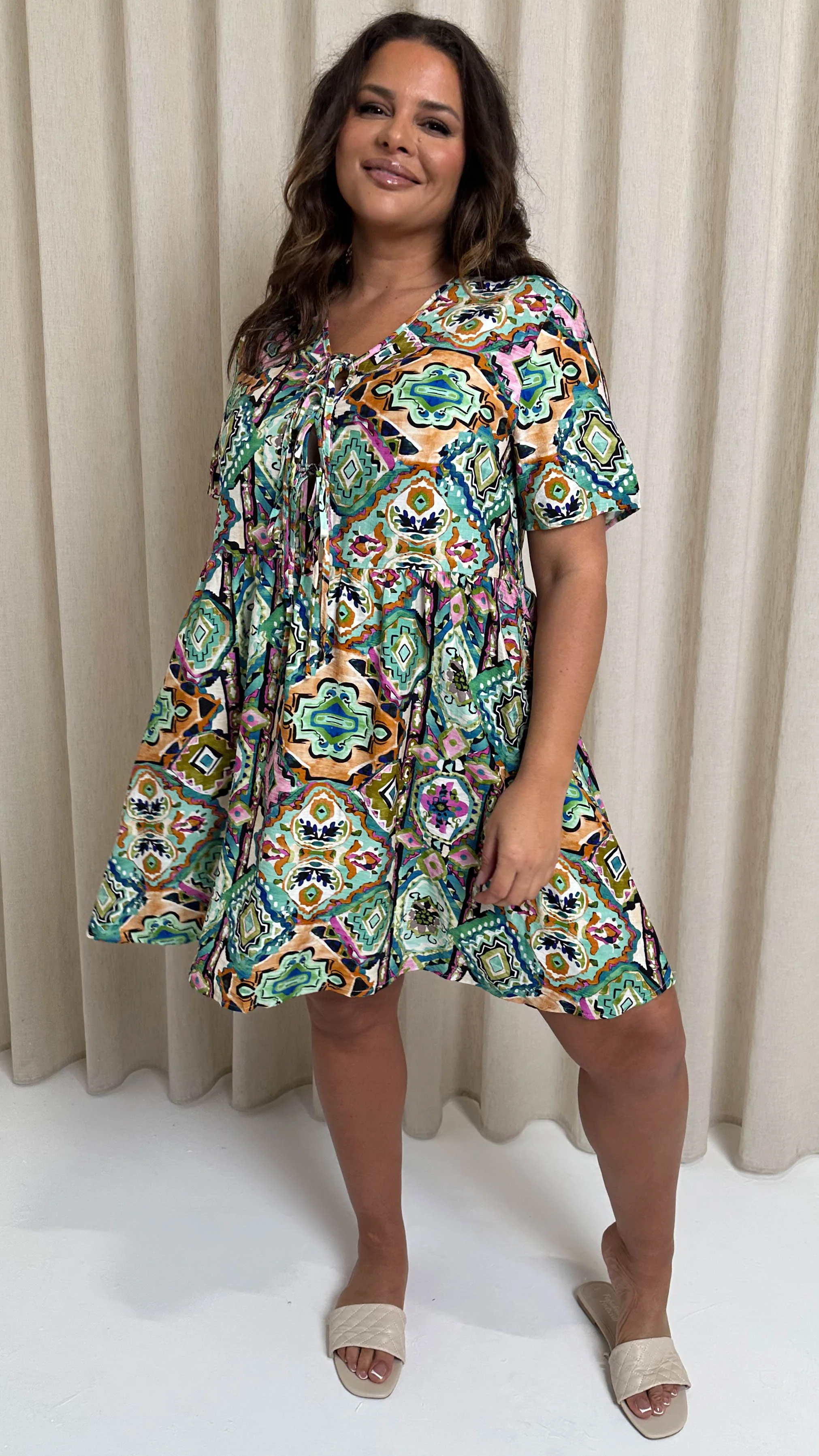 CurveWow Printed Tie Front Smock Dress Multi Aztec - Image 6