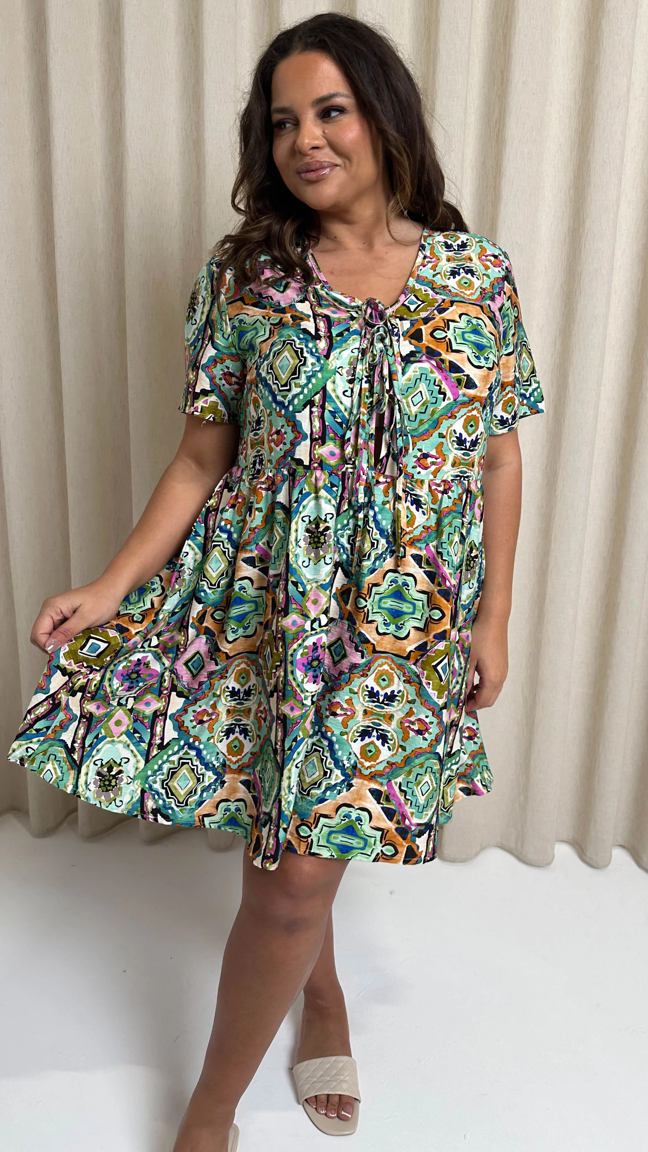 CurveWow Printed Tie Front Smock Dress Multi Aztec - Image 7