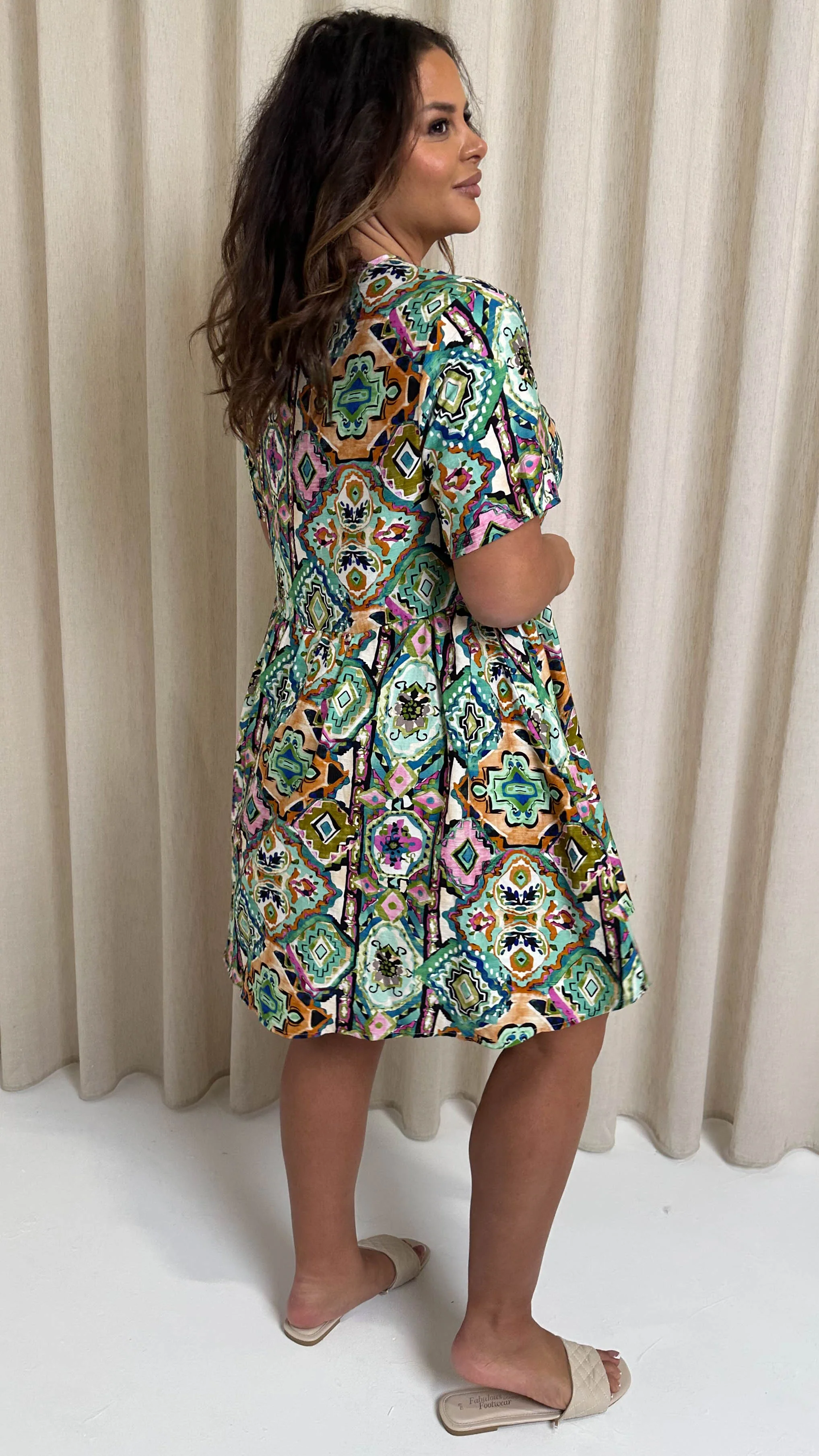 CurveWow Printed Tie Front Smock Dress Multi Aztec - Image 8