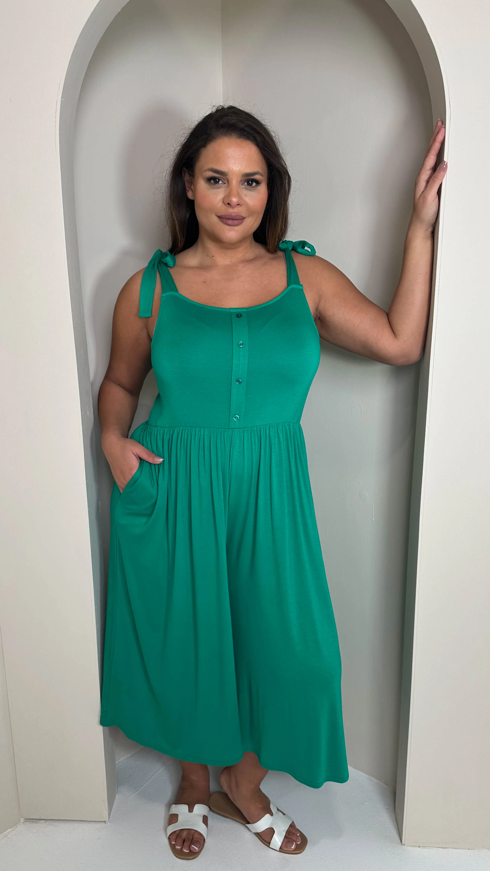 CurveWow Tie Strappy Culotte Jumpsuit Jade Green - Image 5