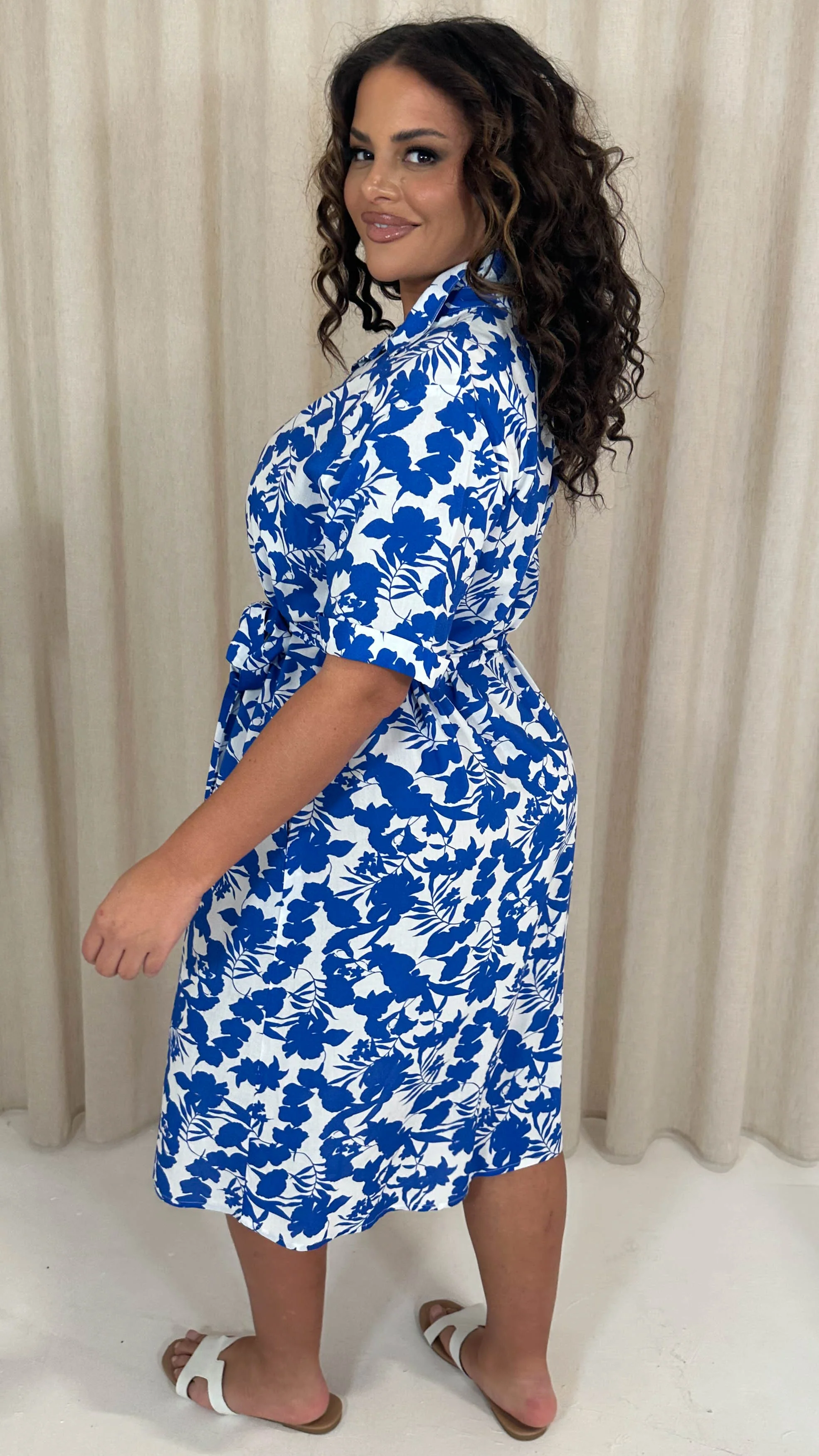 CurveWow Printed Tie Waist Midi Shirt Dress Blue Floral - Image 8