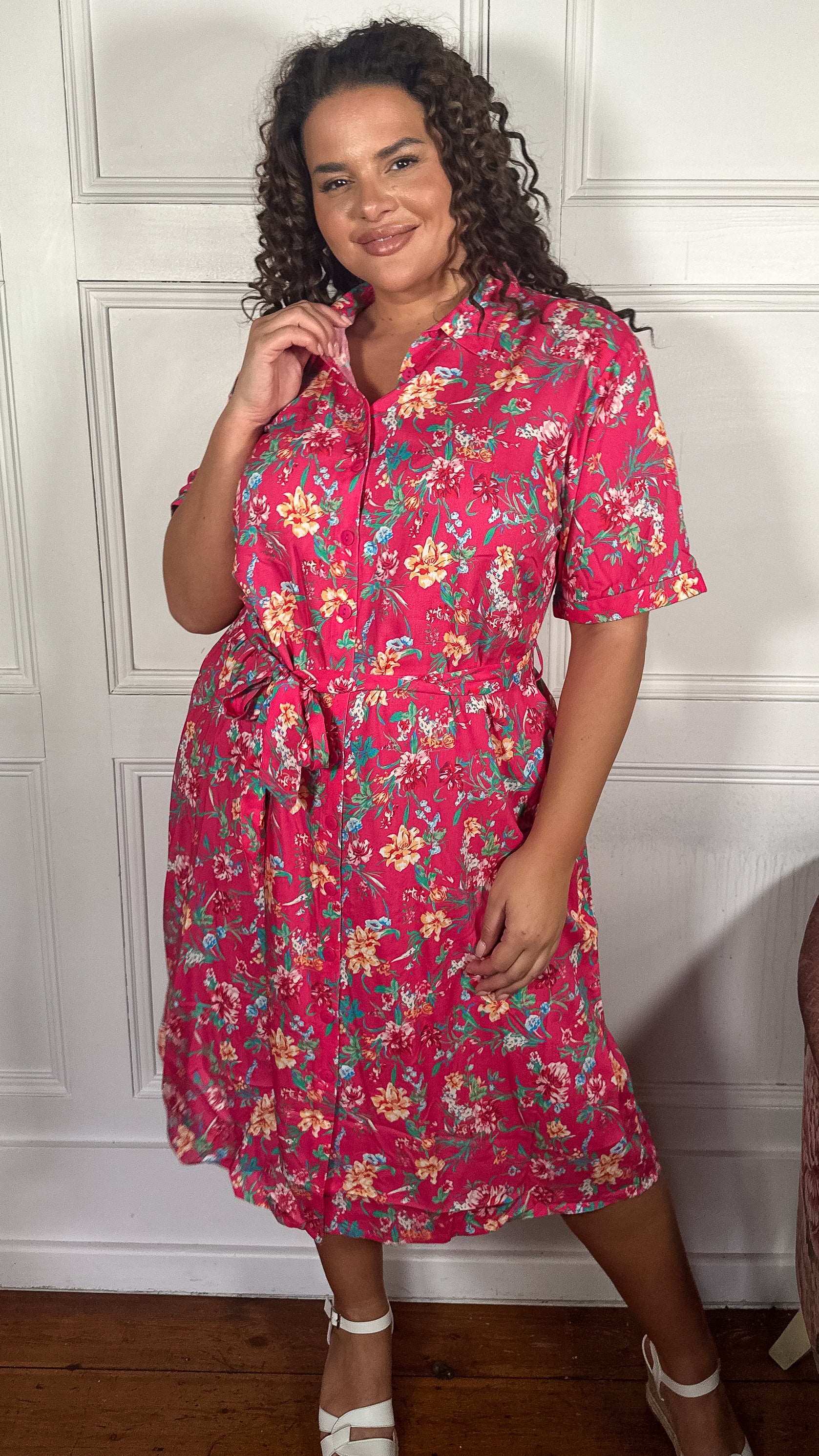 CurveWow Tie Waist Midi Shirt Dress Fuchsia Floral