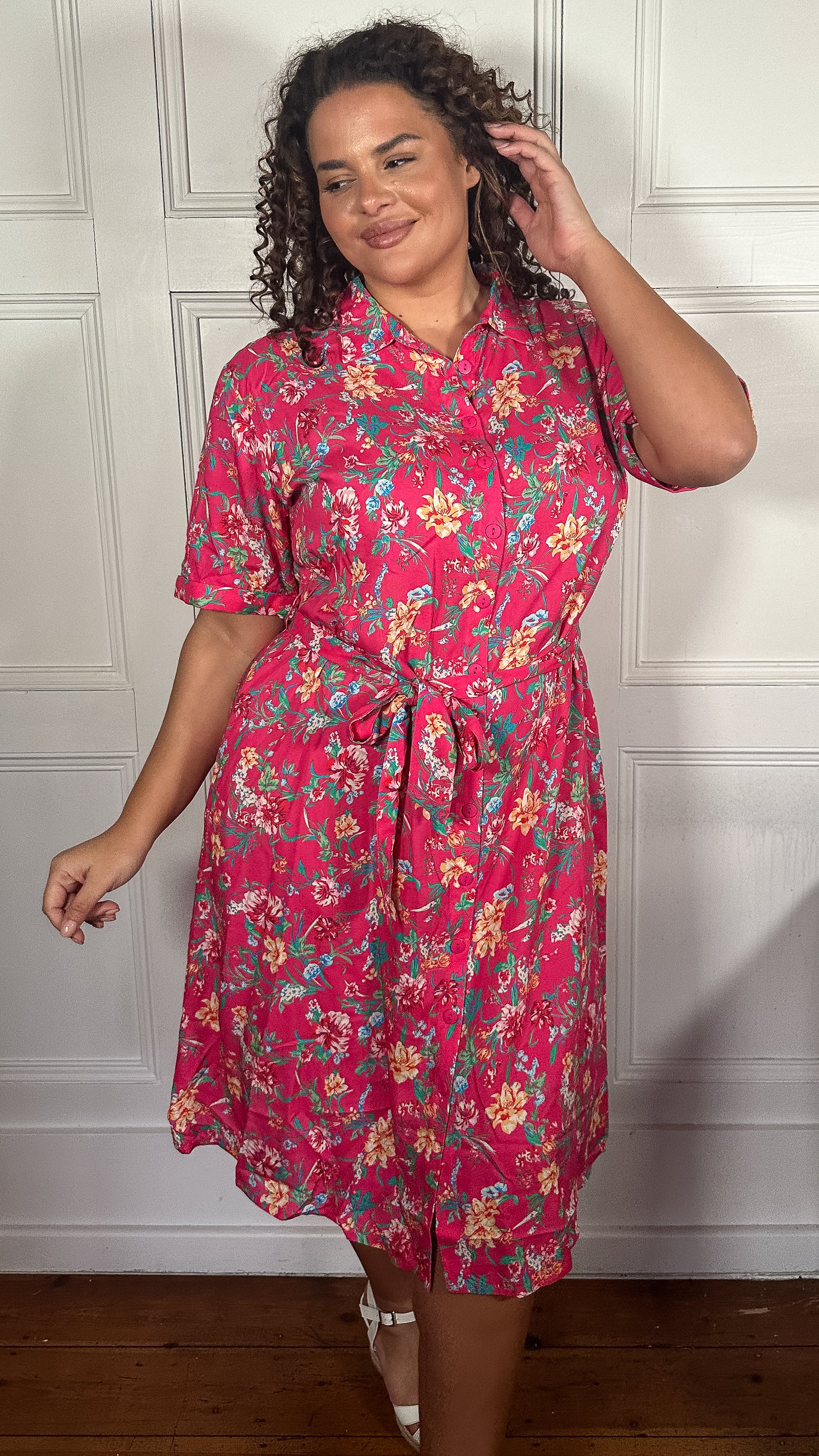 CurveWow Tie Waist Midi Shirt Dress Fuchsia Floral - Image 6