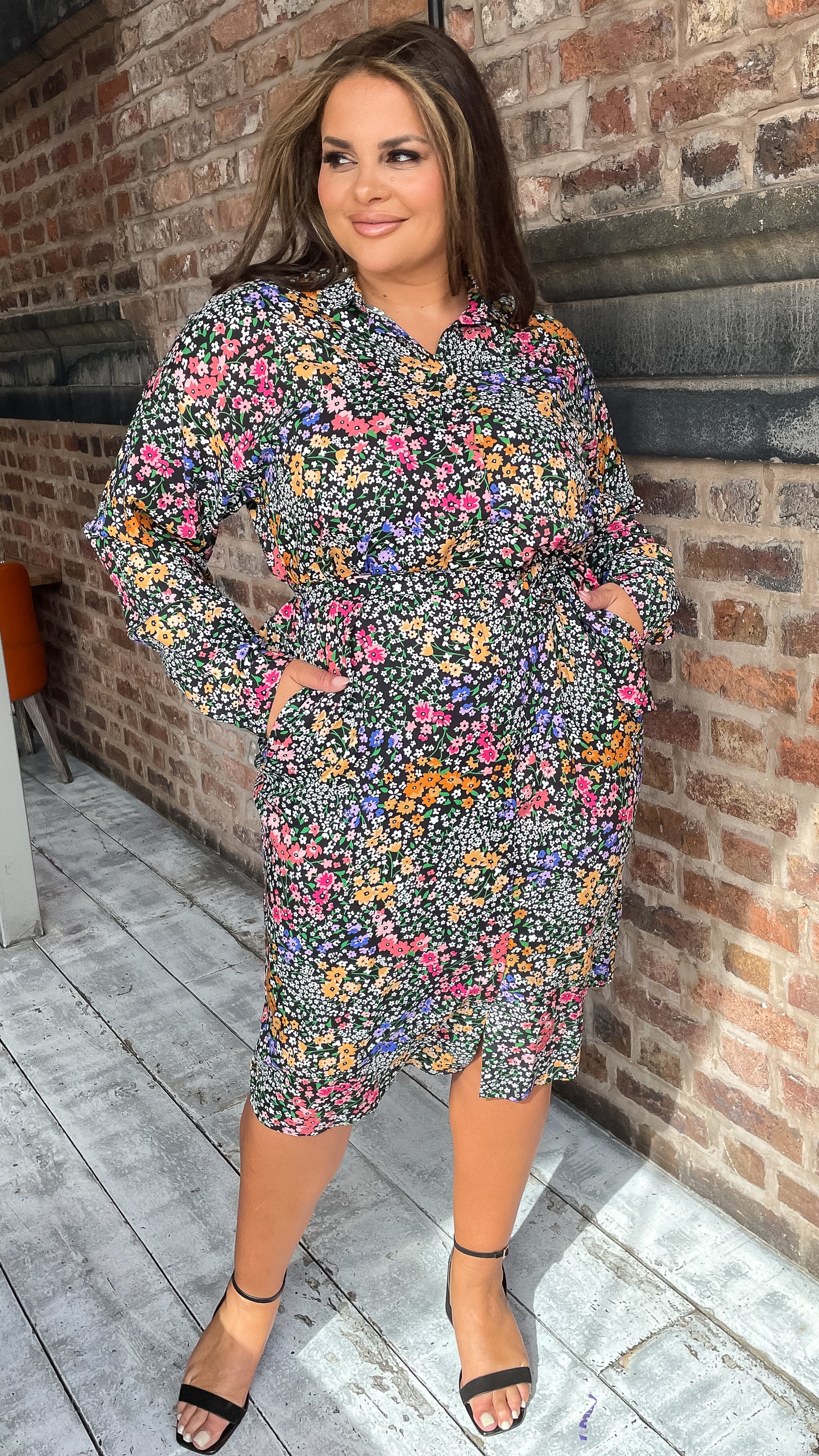 CurveWow Printed Tie Waist Shirt Dress Black Multi Floral Ditsy - Image 8
