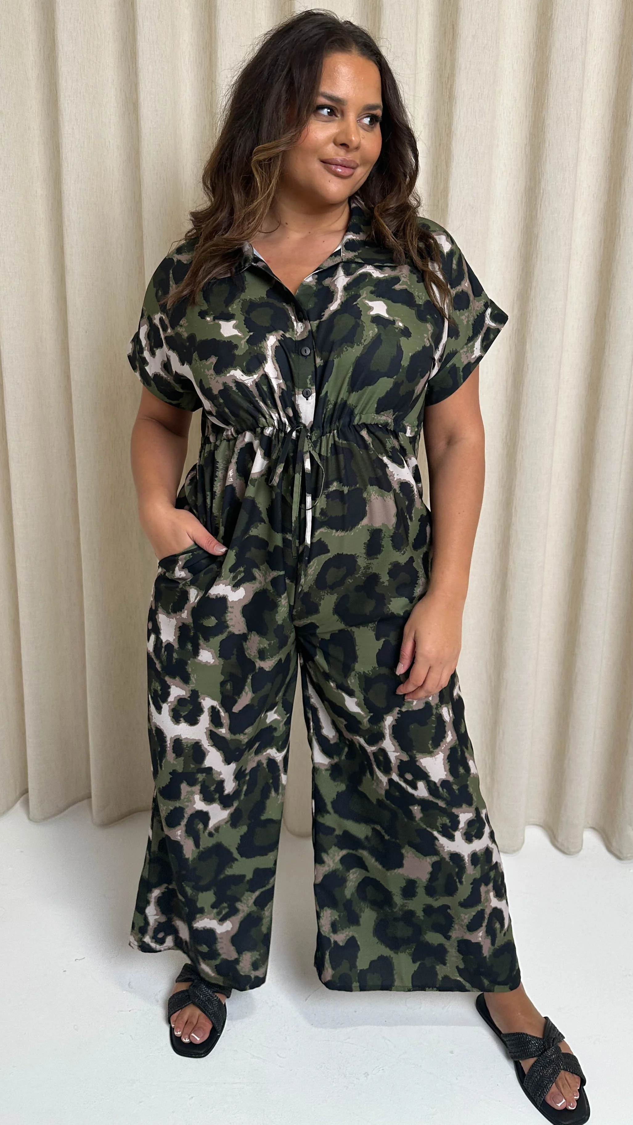 CurveWow Printed Utility Jumpsuit Green Animal - Image 3