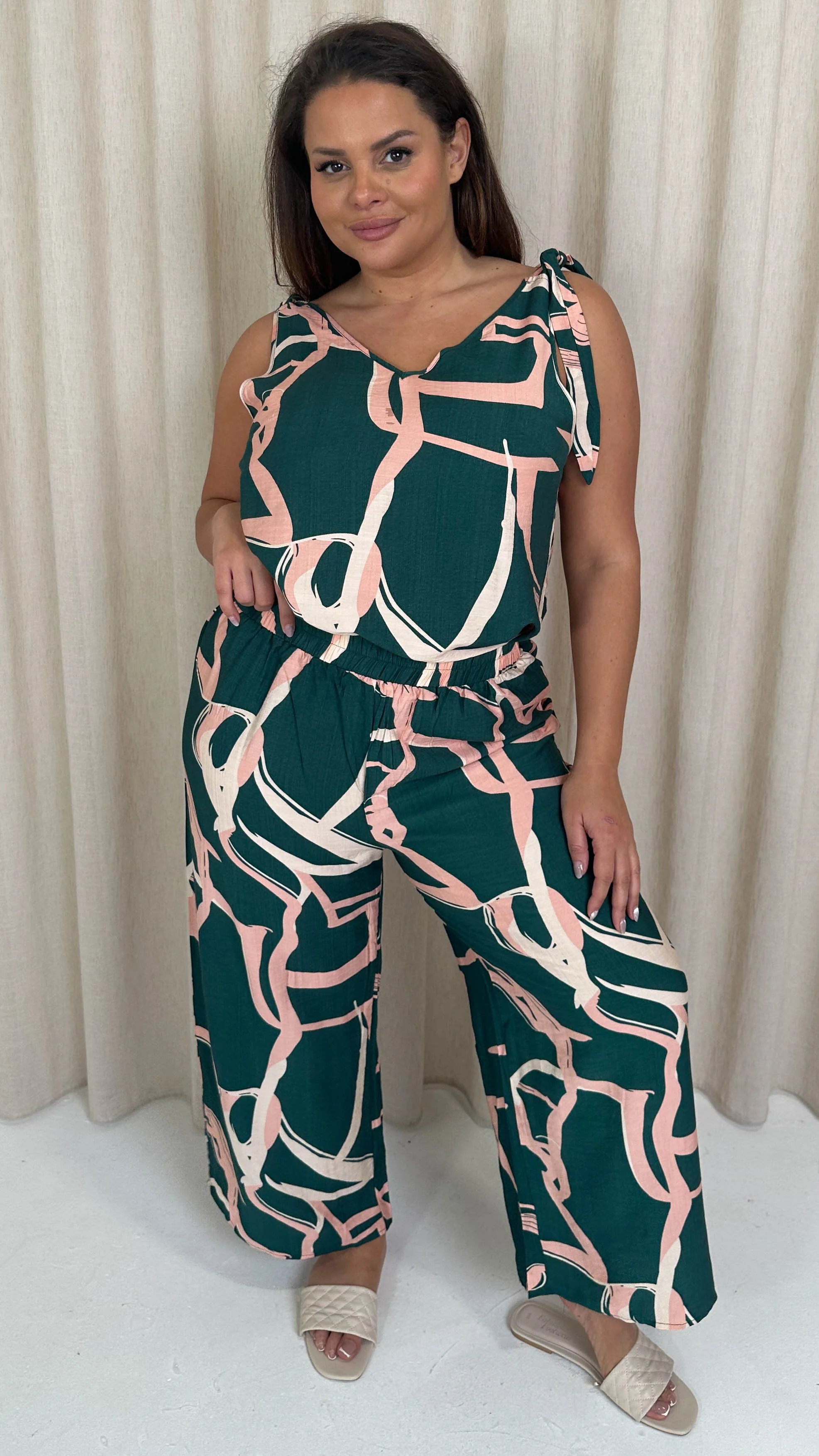 CurveWow Printed Wideleg Trouser Green Abstract - Image 2