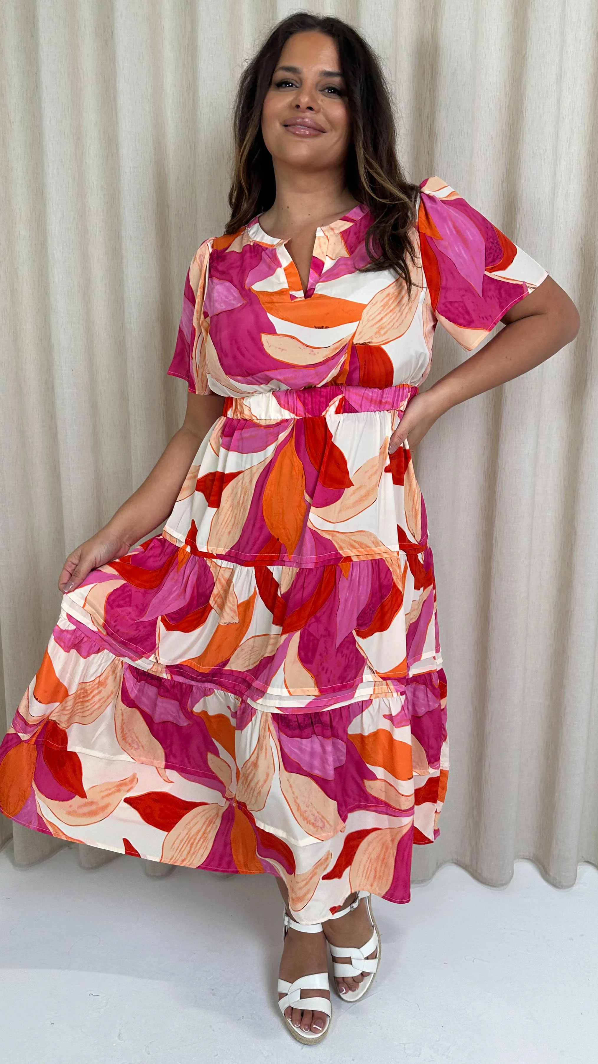 CurveWow Notch Neck Midi Dress Pink Multi Tropical - Image 5