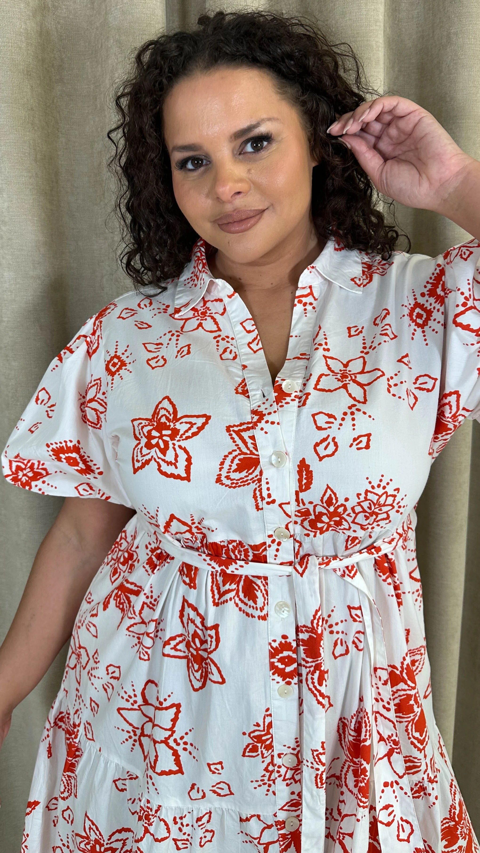 CurveWow Puff Sleeve Tiered Shirt Dress White Floral - Image 5
