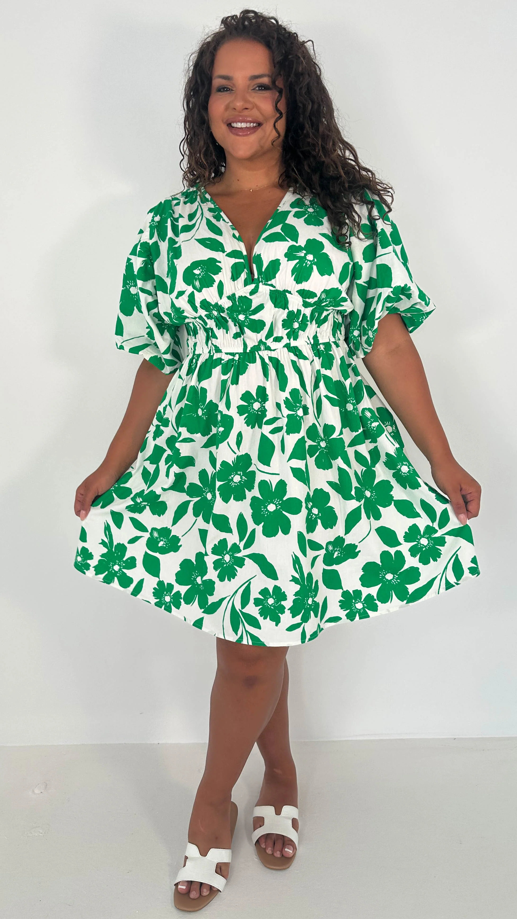 CurveWow Puff Sleeve V Neck Dress Green Floral - Image 7