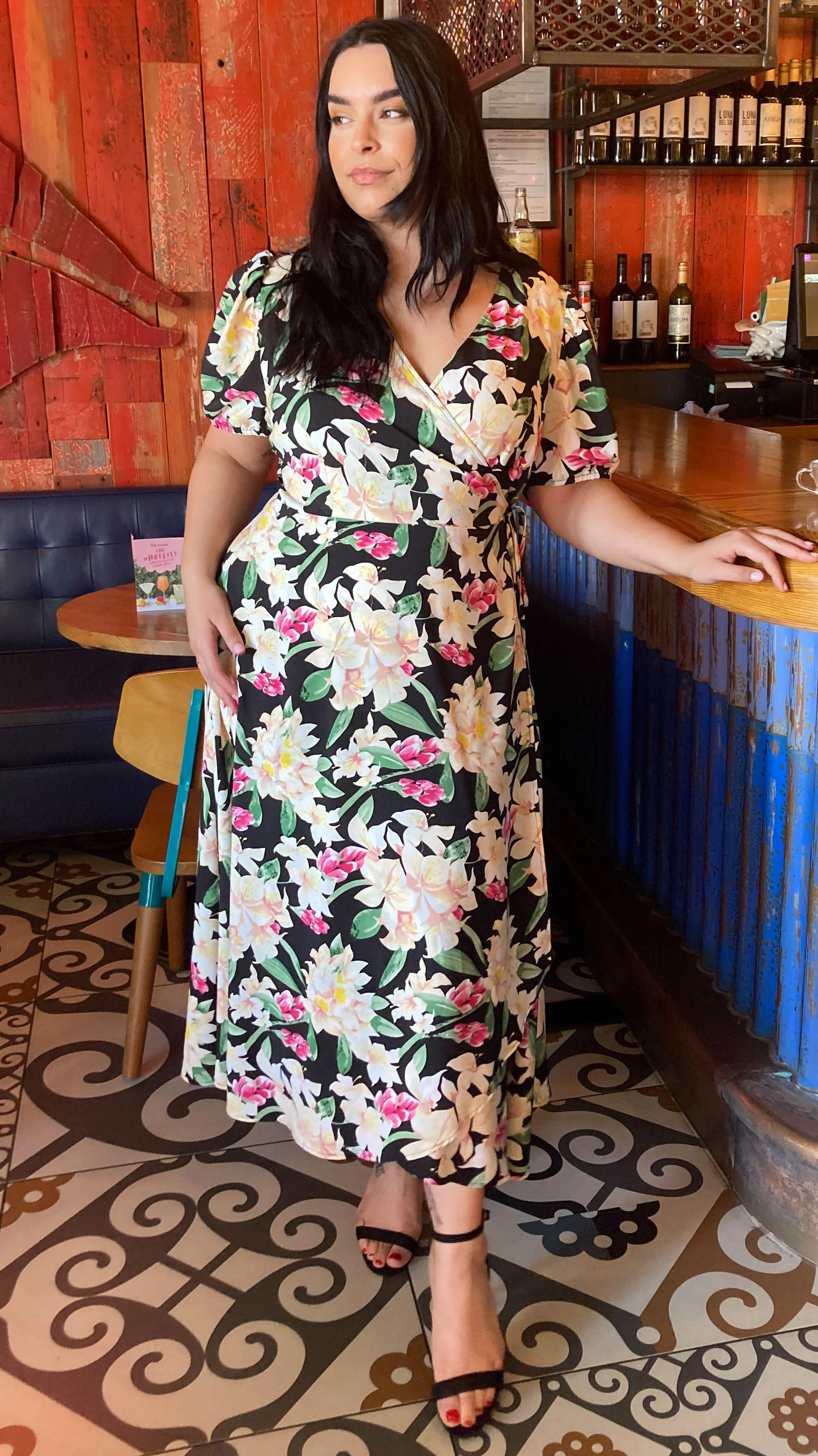 CurveWow Floral Puff Sleeve Wrap Dress