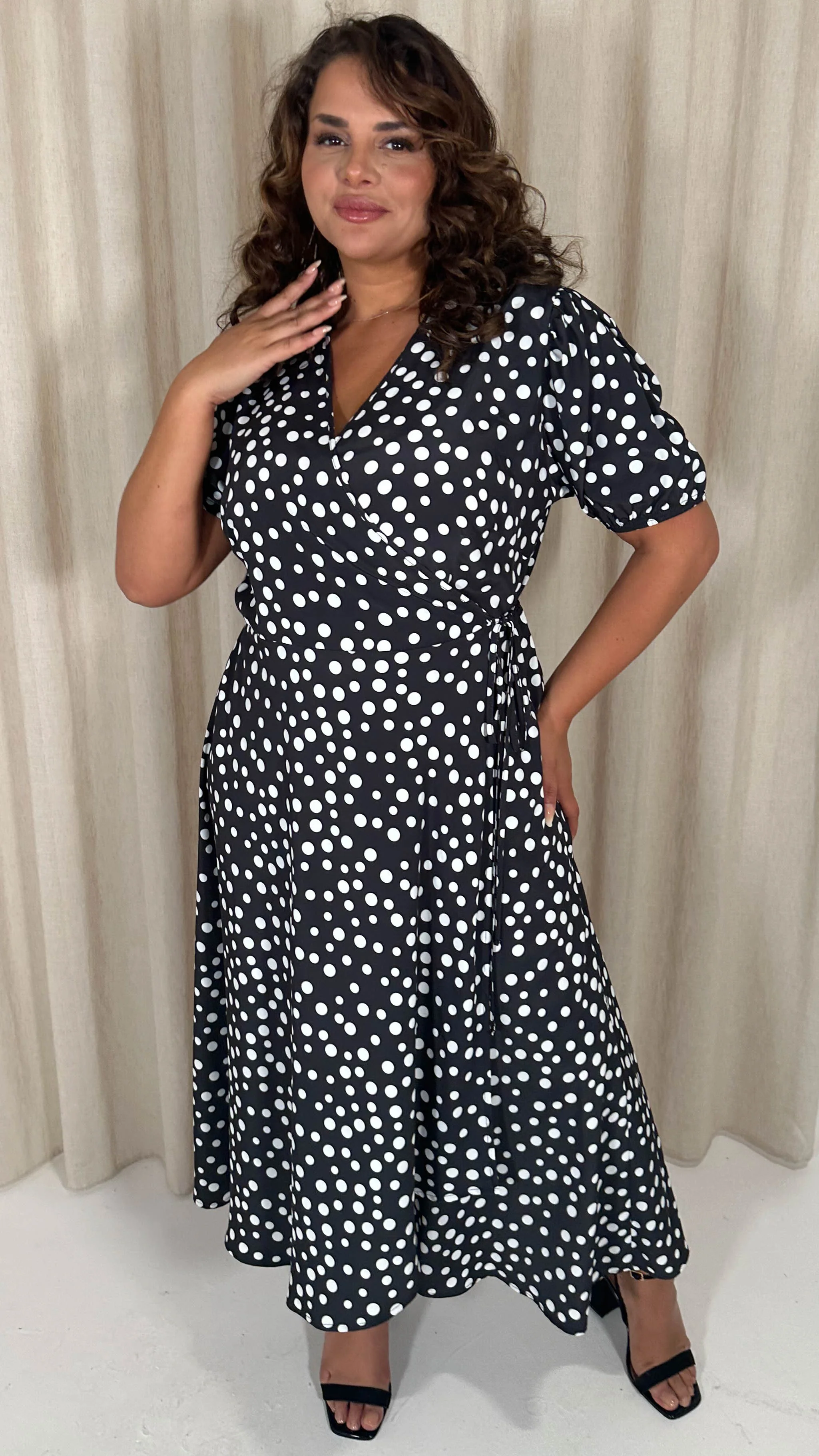 CurveWow Puff Sleeve Wrap Dress Black Polka - Image 3
