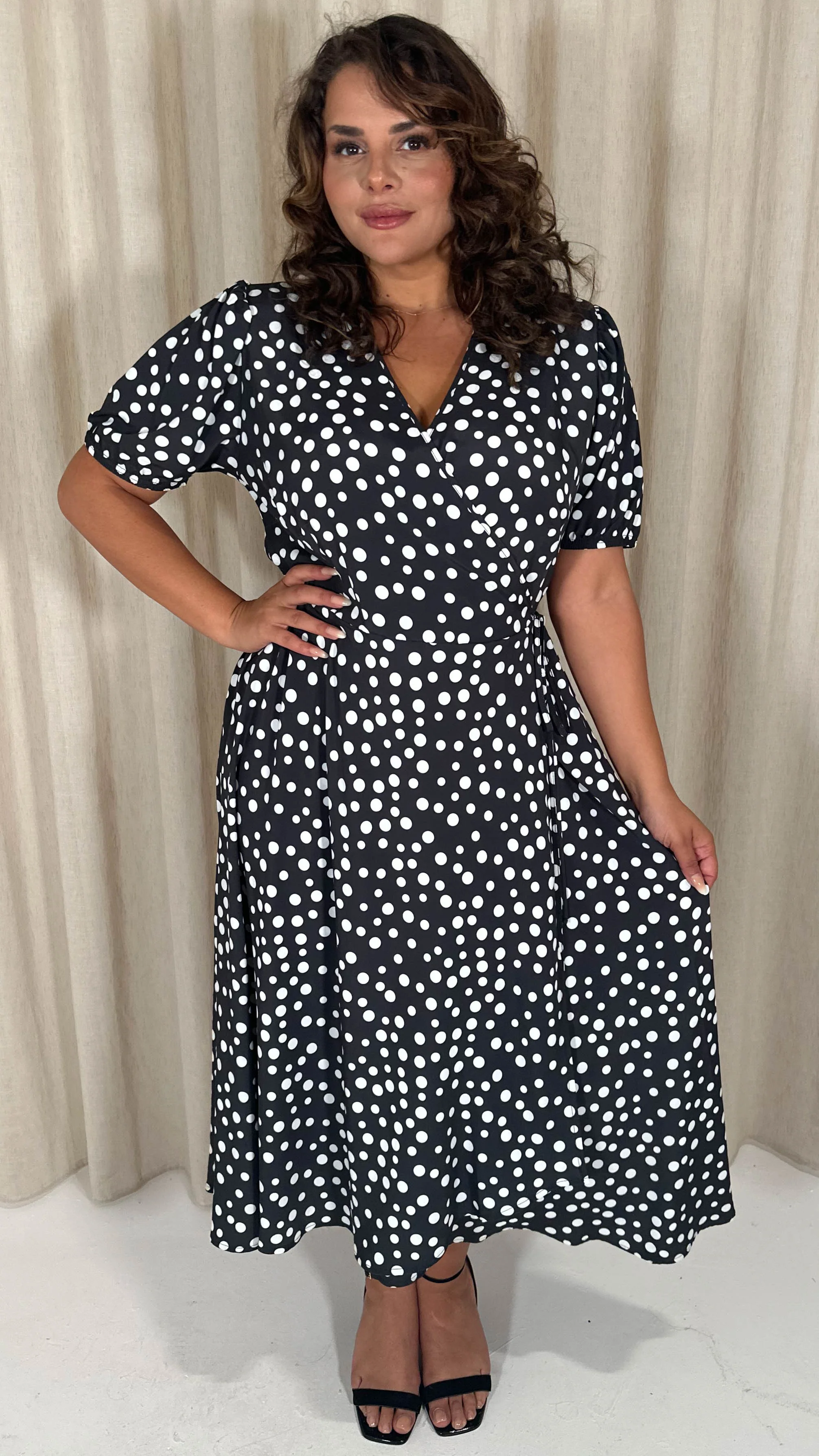 CurveWow Puff Sleeve Wrap Dress Black Polka - Image 4