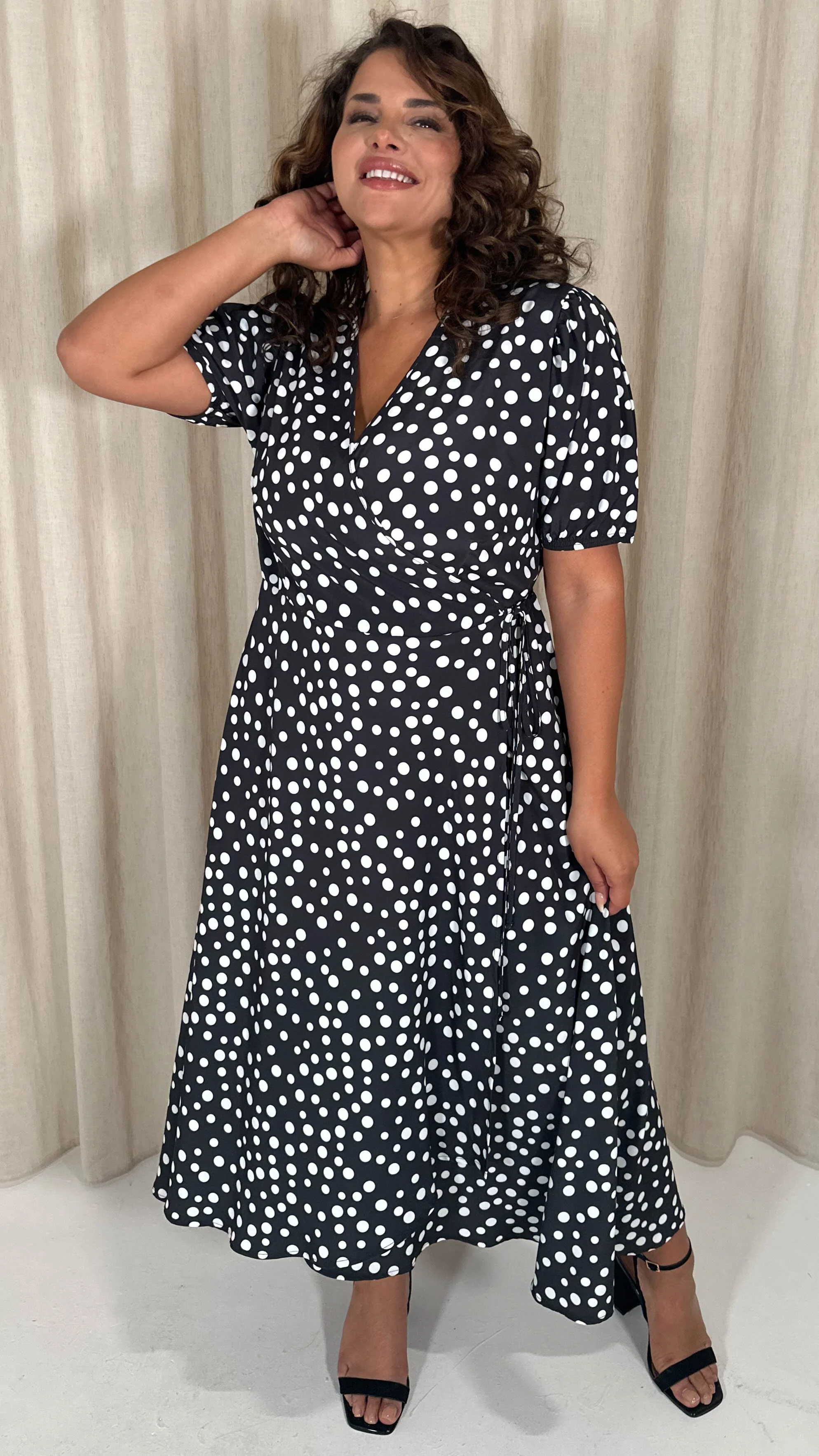 CurveWow Puff Sleeve Wrap Dress Black Polka - Image 6