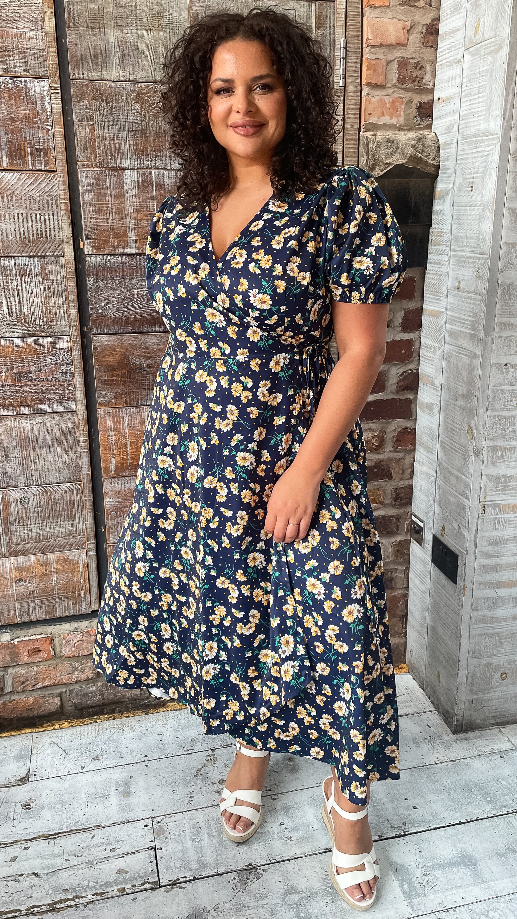 CurveWow Puff Sleeve Wrap Dress Navy Floral Spot - Image 6