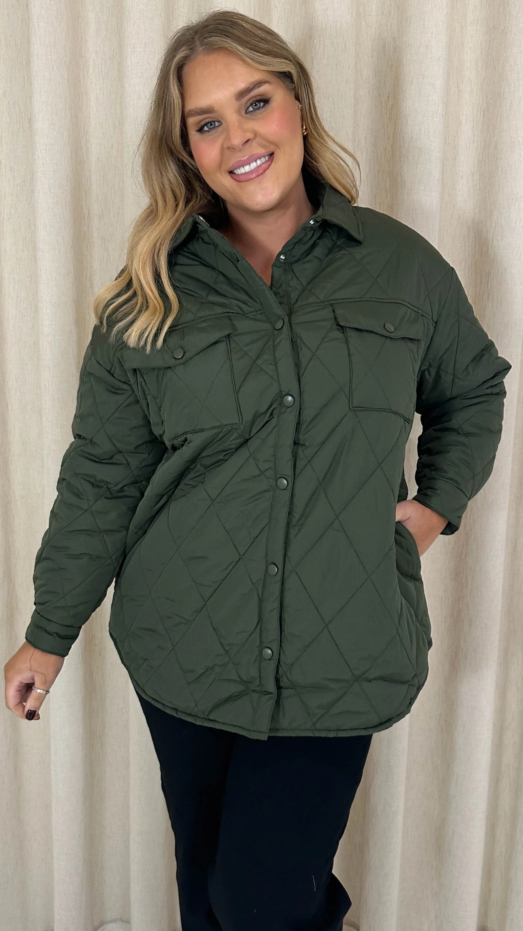 CurveWow Quilted Popper Button Jacket Khaki - Image 3