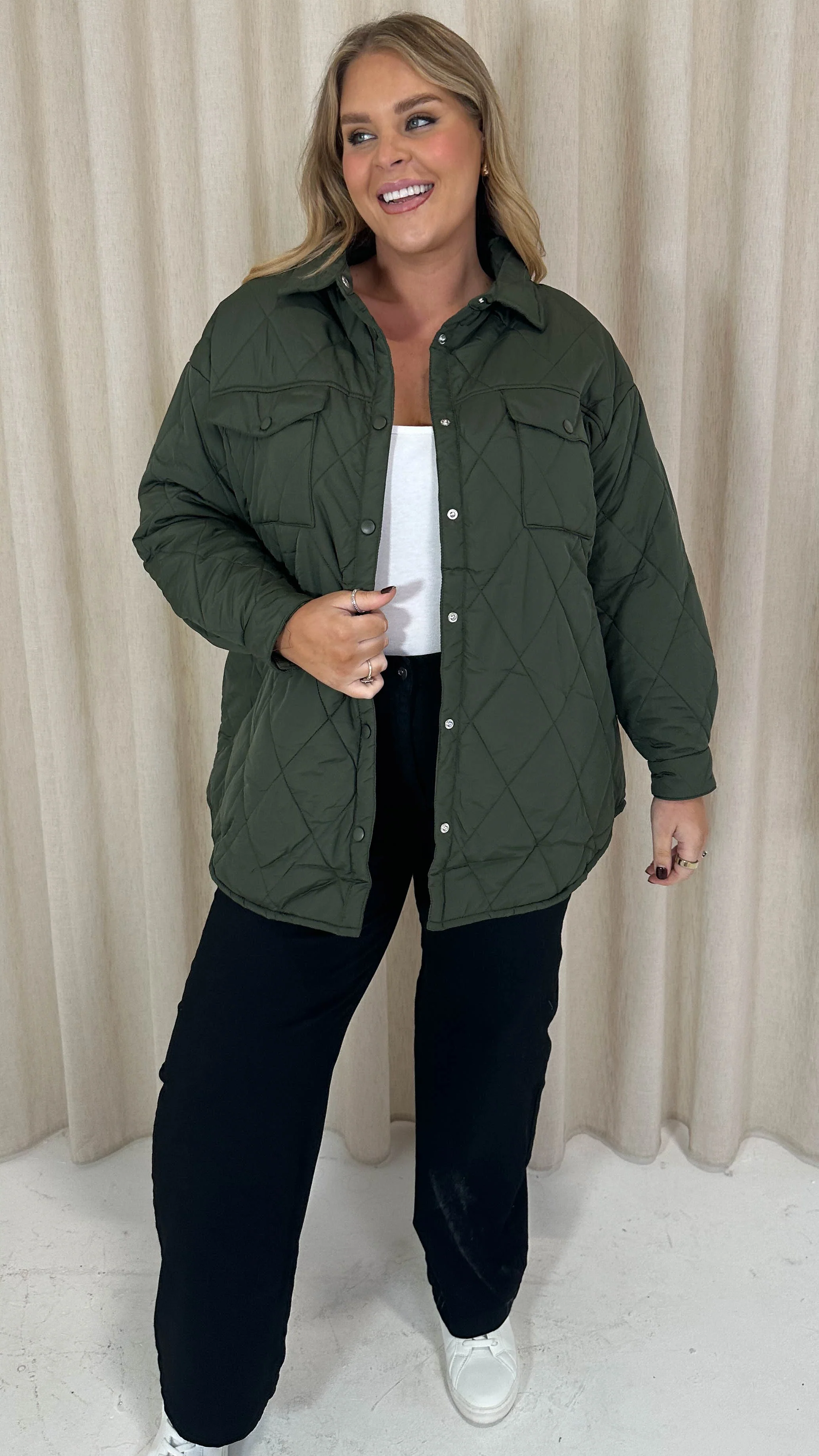 CurveWow Quilted Popper Button Jacket Khaki - Image 4