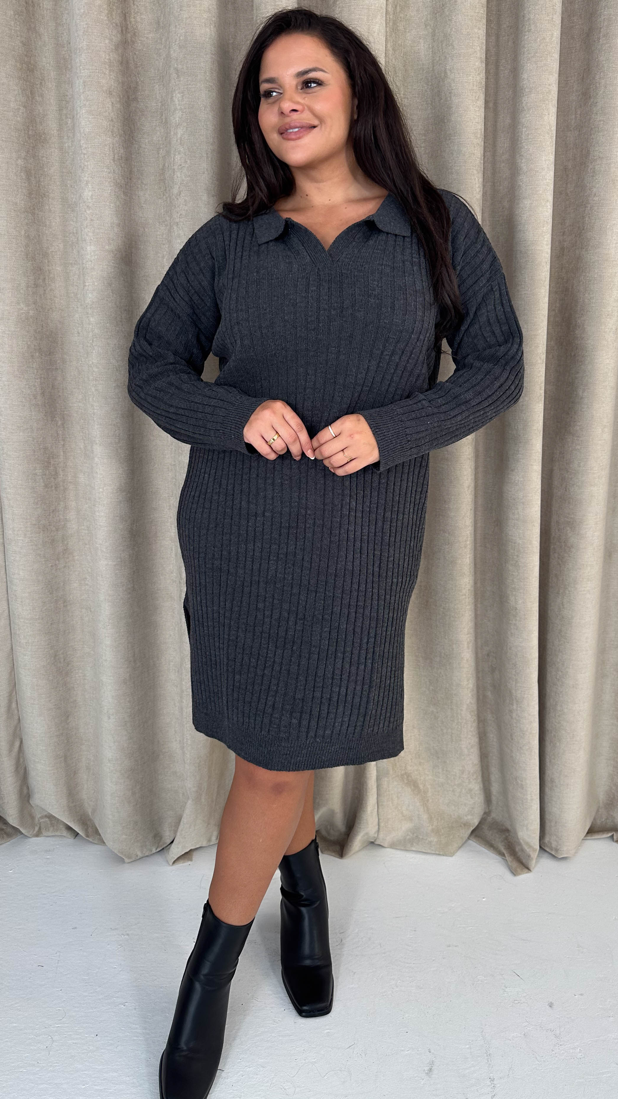 CurveWow Collar Rib Knitted Jumper Dress Charcoal - Image 4