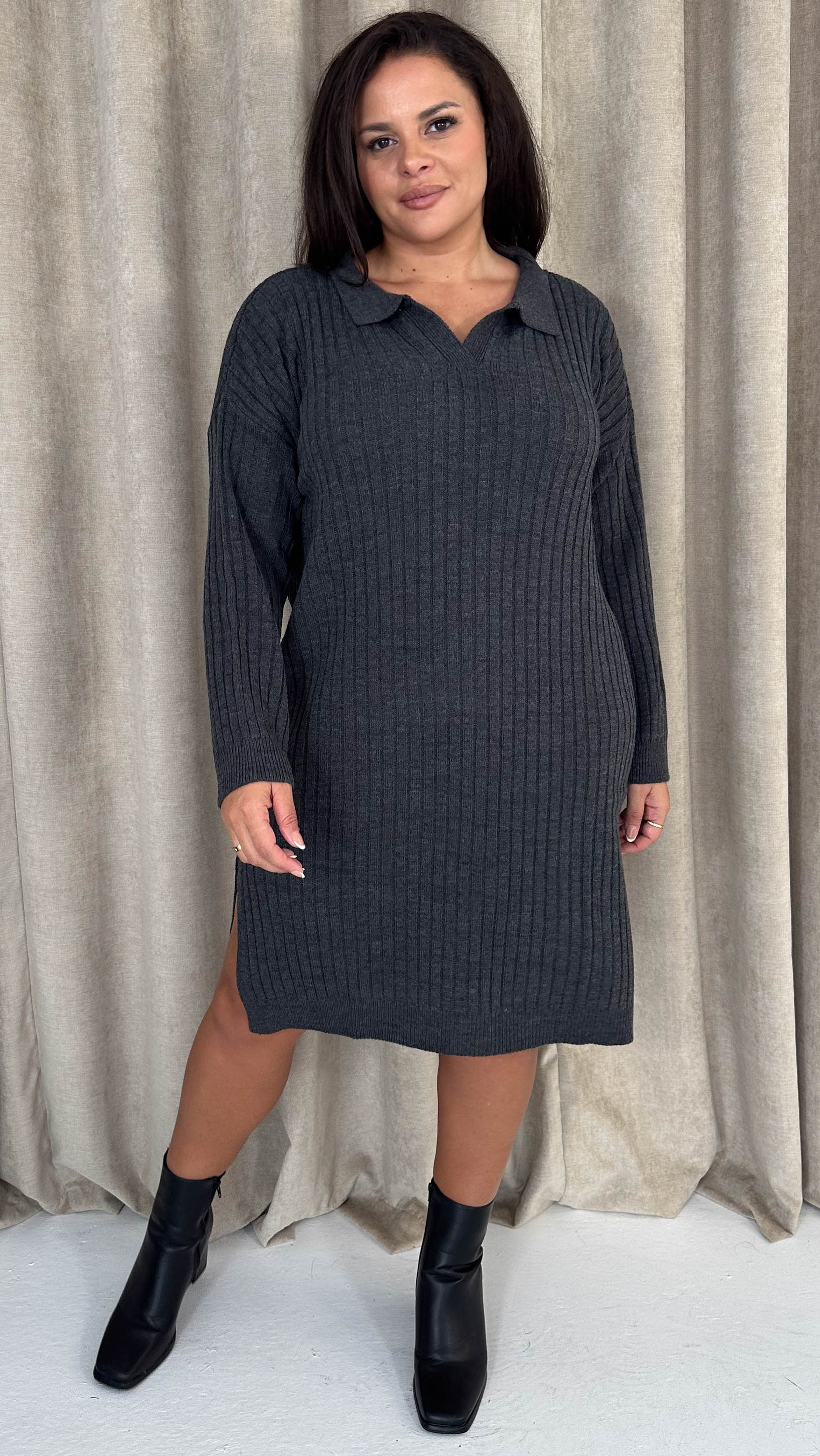 CurveWow Collar Rib Knitted Jumper Dress Charcoal - Image 6
