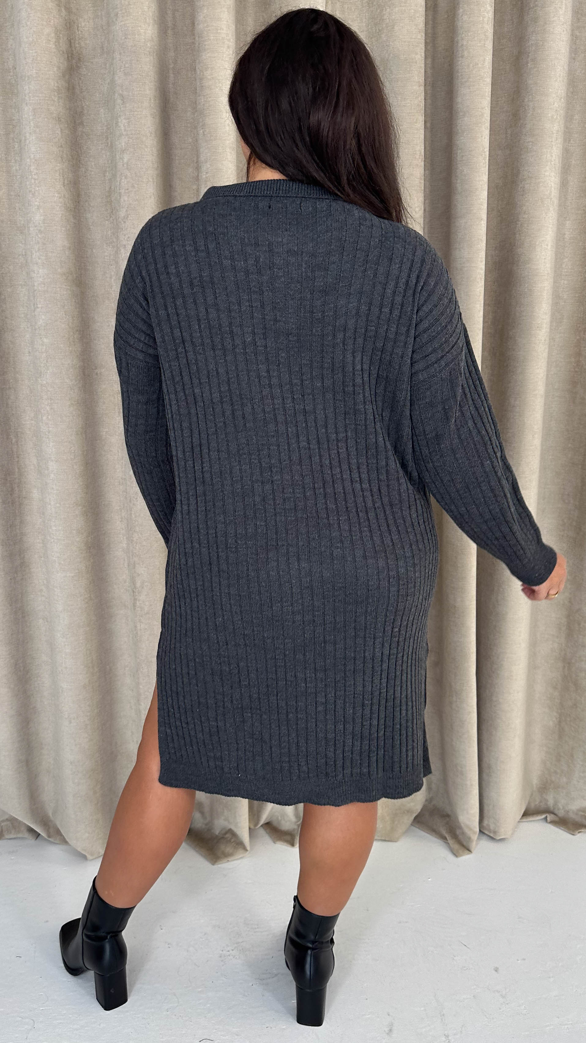 CurveWow Collar Rib Knitted Jumper Dress Charcoal - Image 8