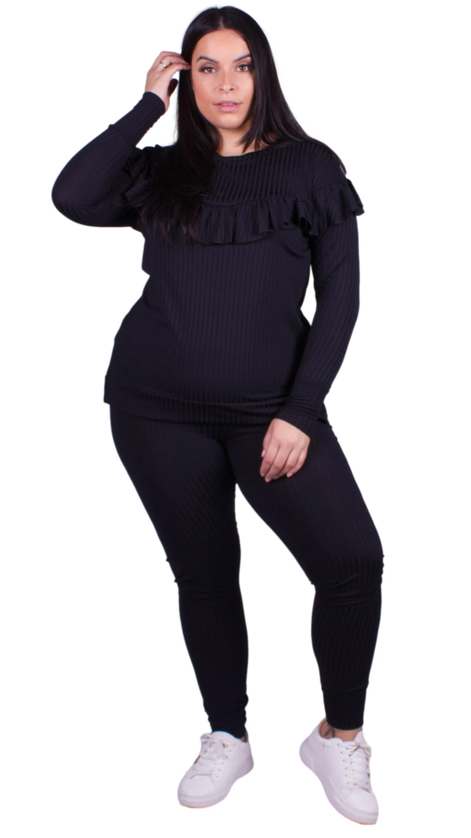 CurveWow Ribbed Frill Lounge Top Black - Image 3
