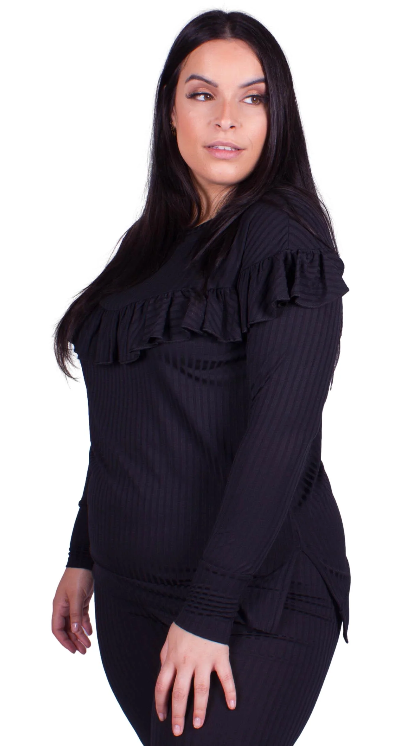 CurveWow Ribbed Frill Lounge Top Black - Image 4