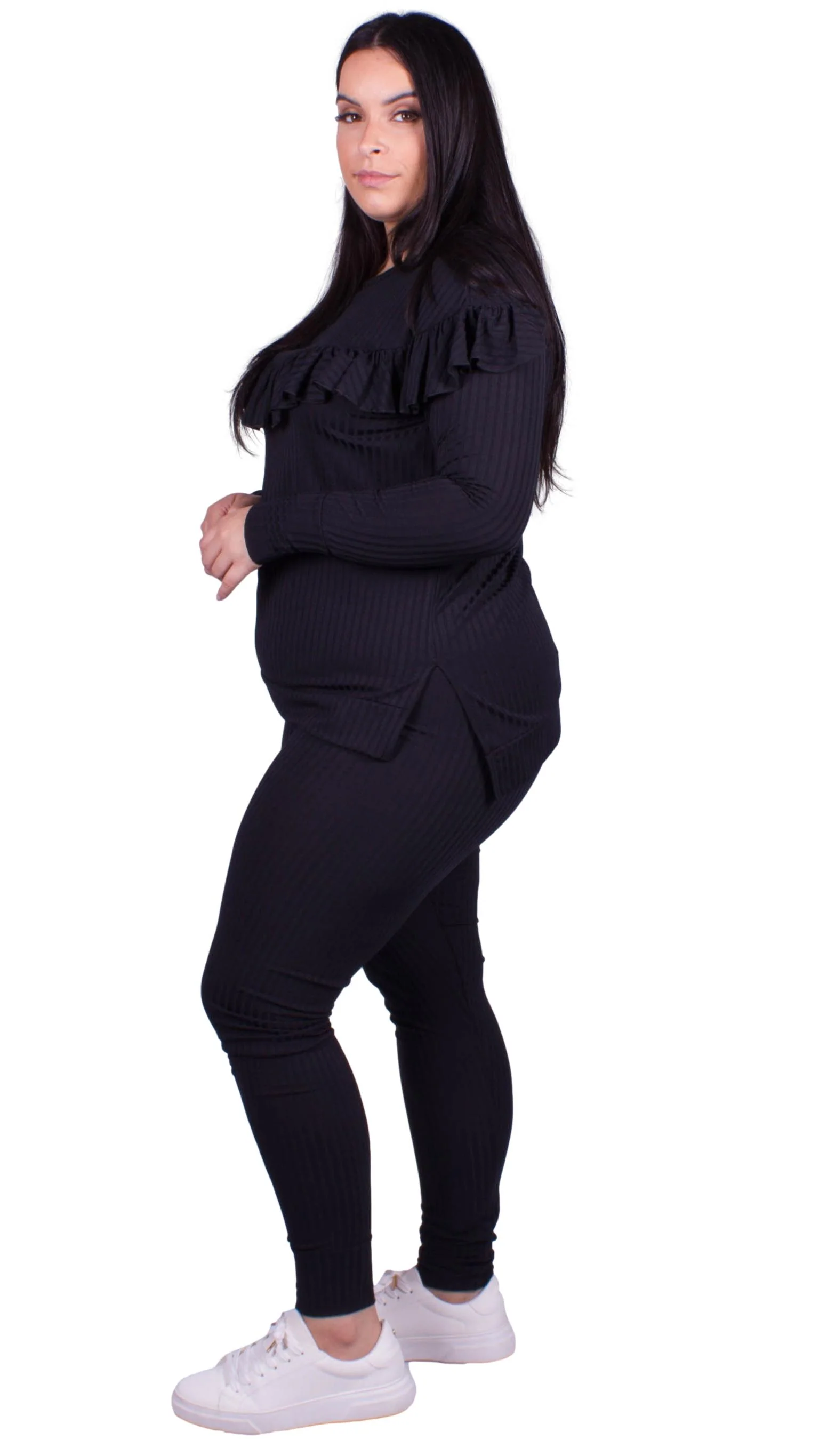 CurveWow Ribbed Frill Lounge Top Black - Image 5