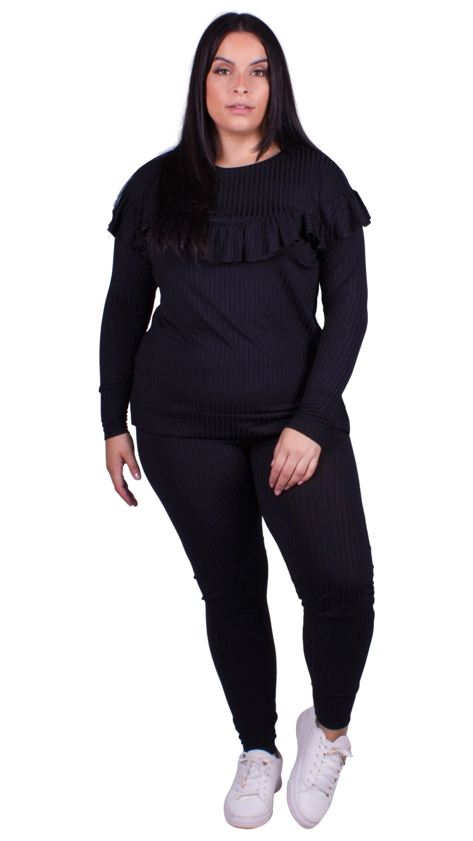 CurveWow Ribbed Frill Lounge Top Black - Image 7