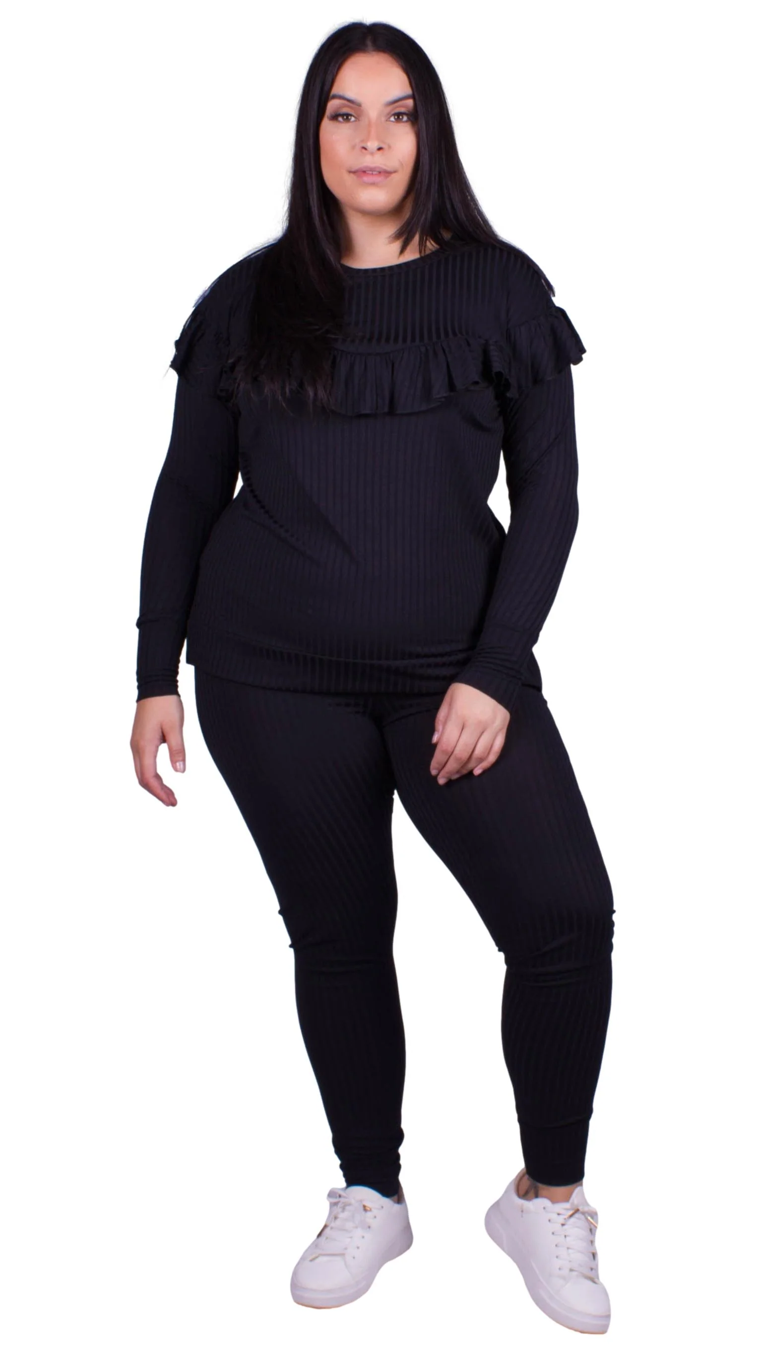 CurveWow Ribbed Frill Lounge Top Black - Image 8