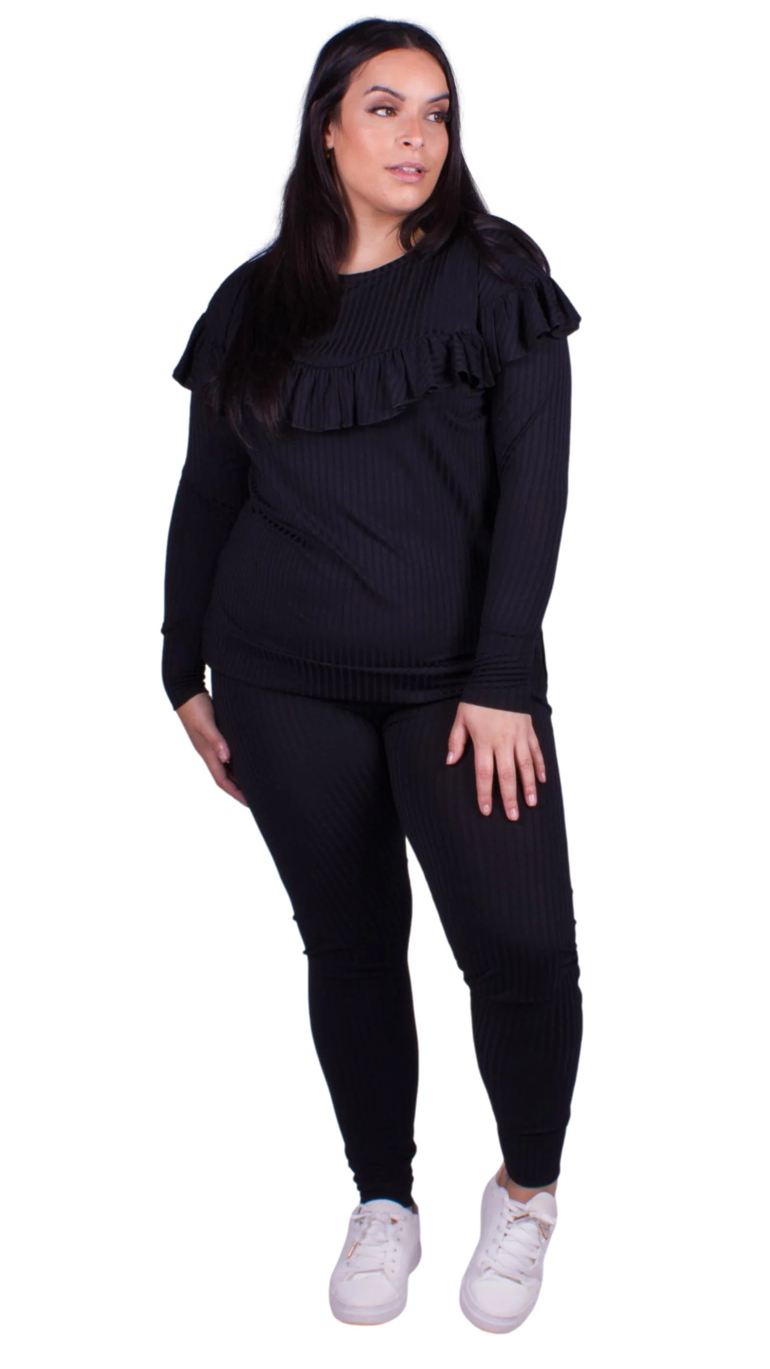 CurveWow Ribbed Frill Lounge Top Black - Image 9