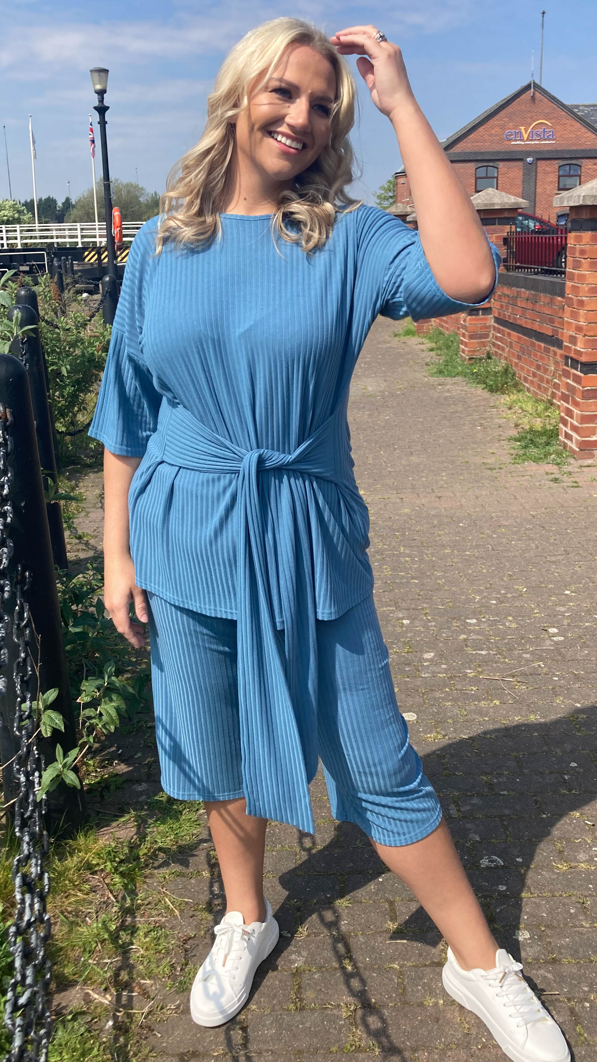 CurveWow Ribbed Short Sleeve Lounge Top Denim Blue - Image 2