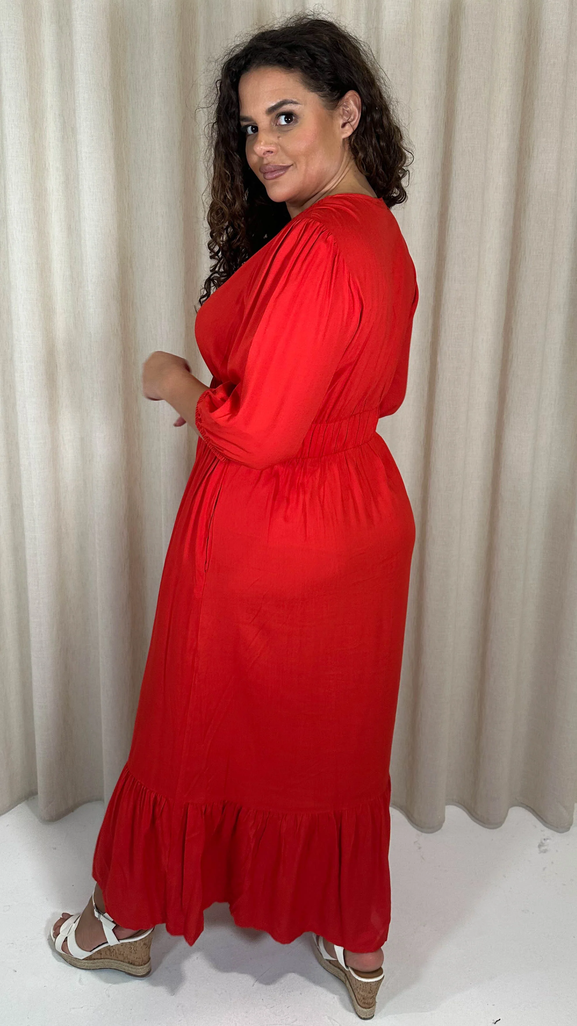 CurveWow Ruched Vneck Tiered Hem Maxi Dress Red - Image 6
