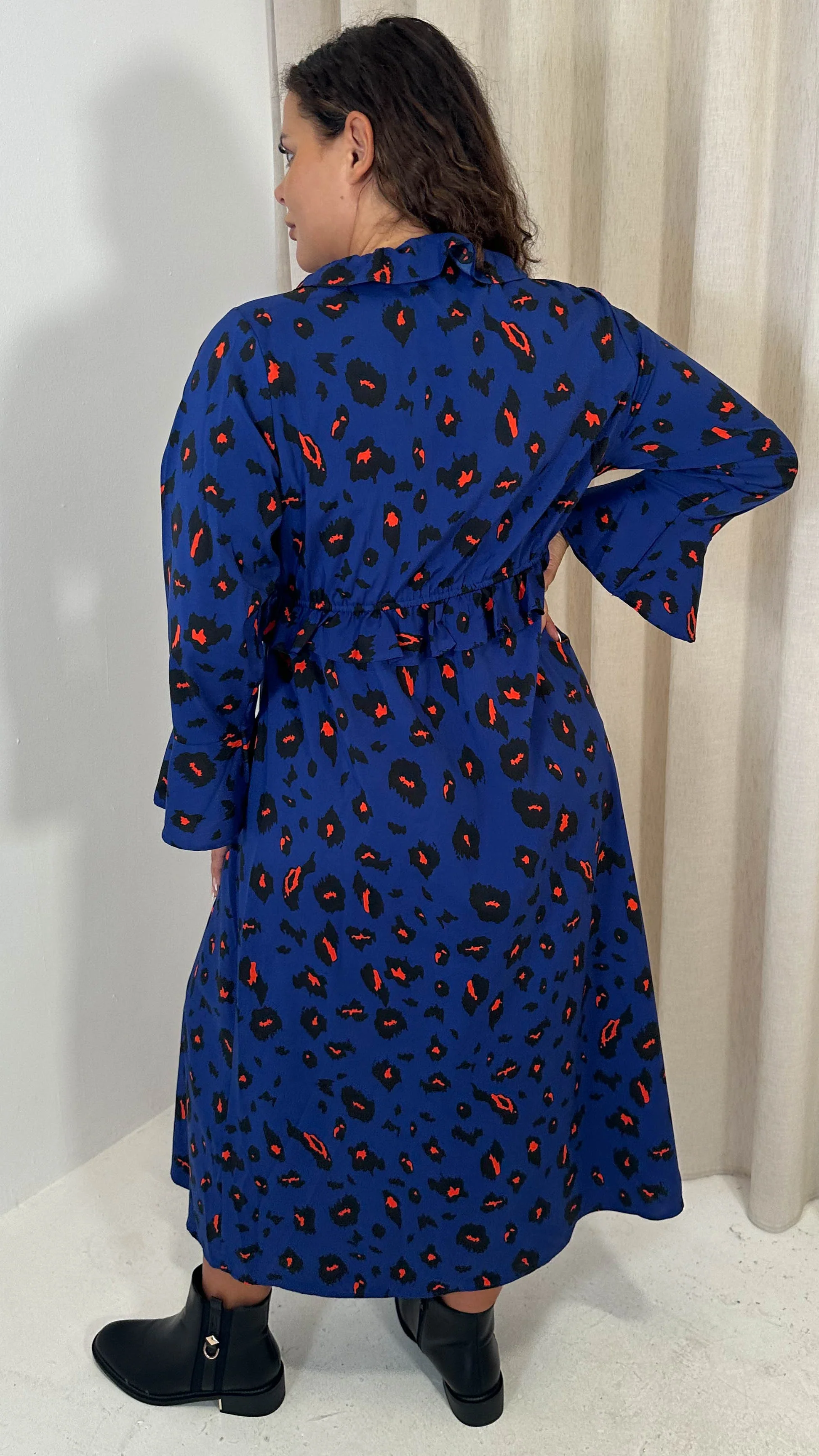CurveWow Ruffle Button Front Flare Sleeve Midi Dress Blue Animal - Image 6