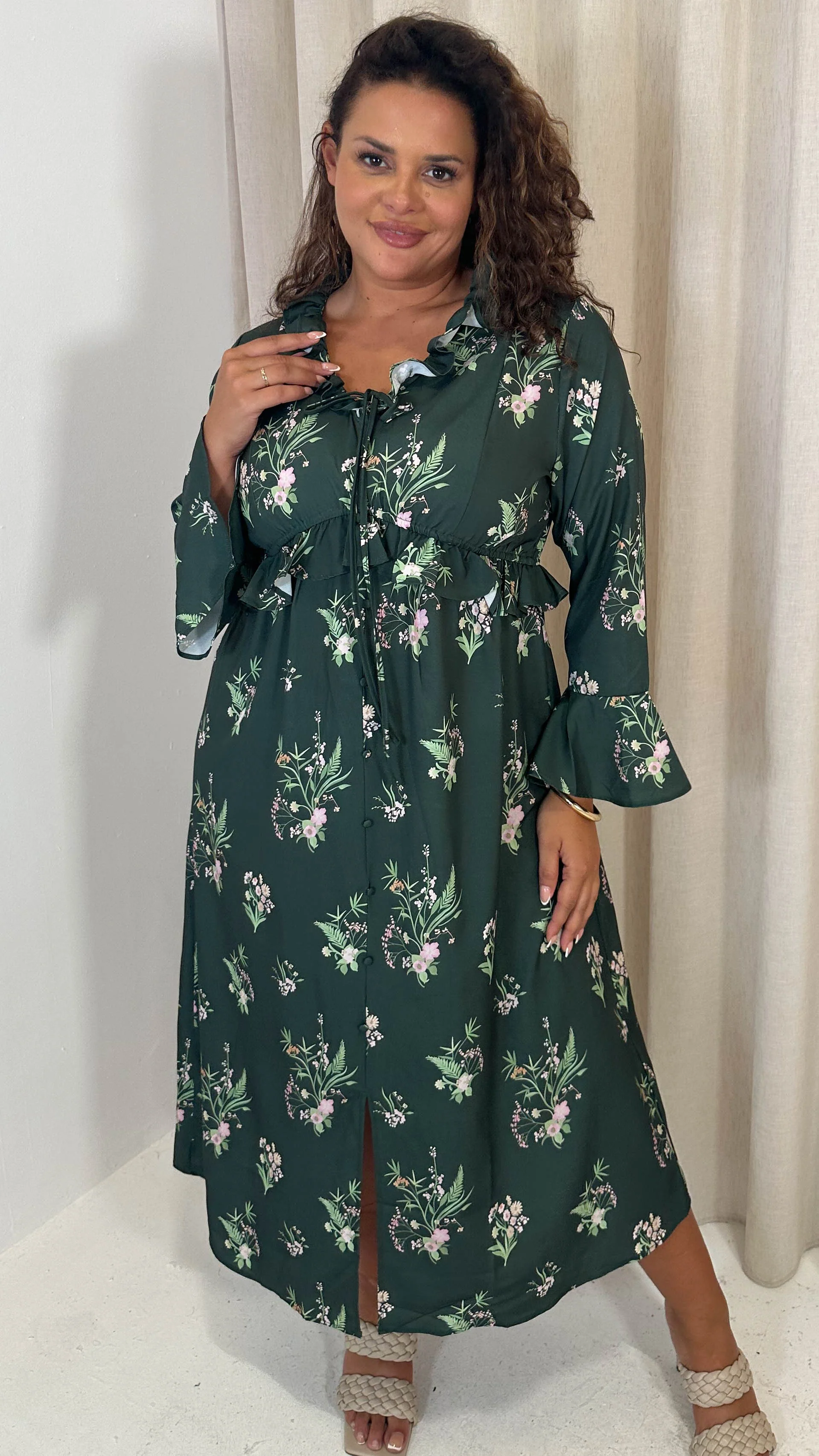 CurveWow Ruffle Button Front Flare Sleeve Midi Dress Green Floral - Image 6
