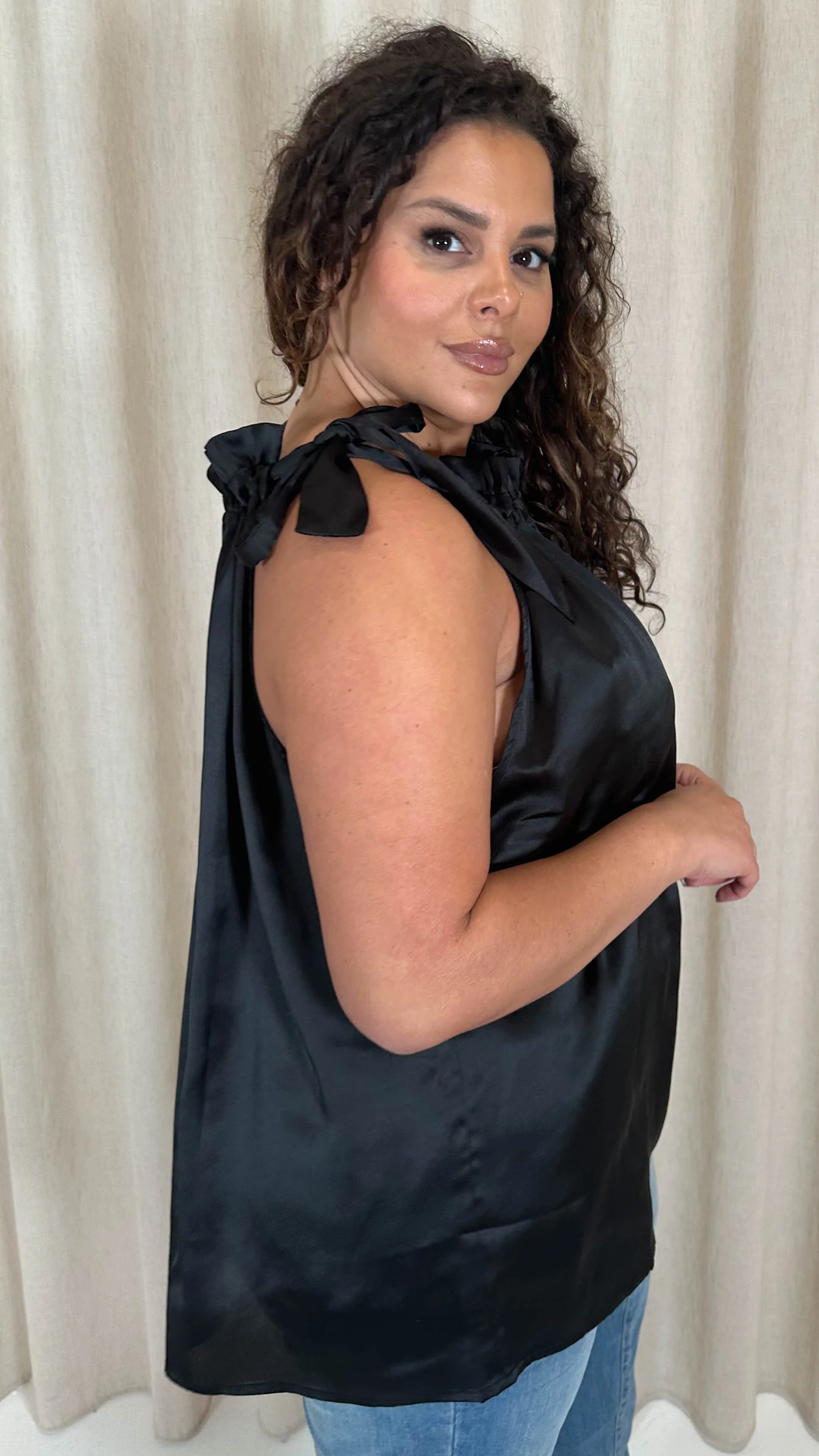 CurveWow Ruffle High Neck Tie Top Black - Image 2