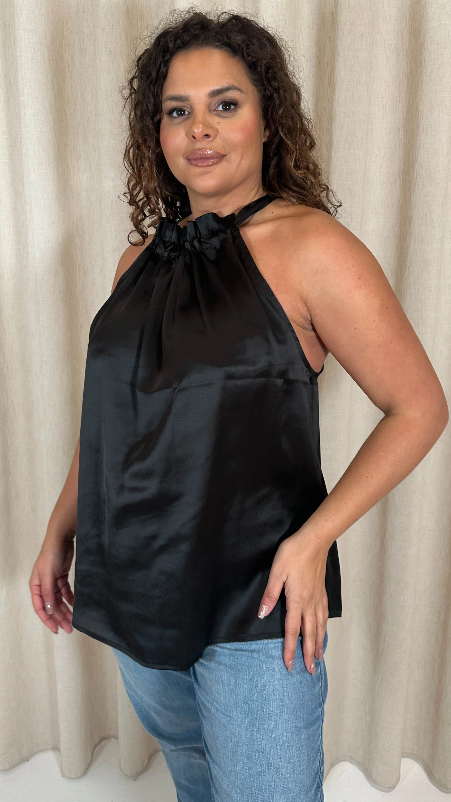CurveWow Ruffle High Neck Tie Top Black - Image 7