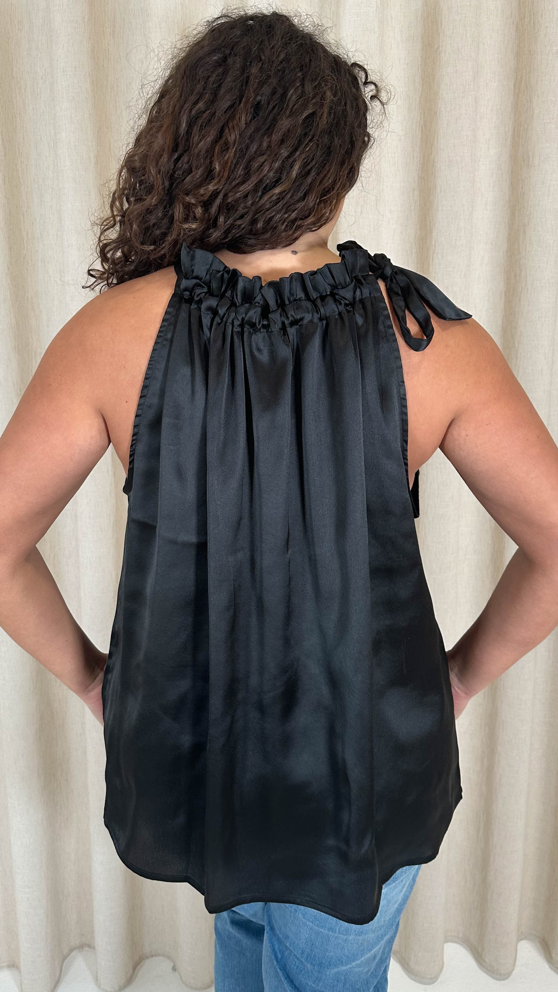 CurveWow Ruffle High Neck Tie Top Black - Image 8