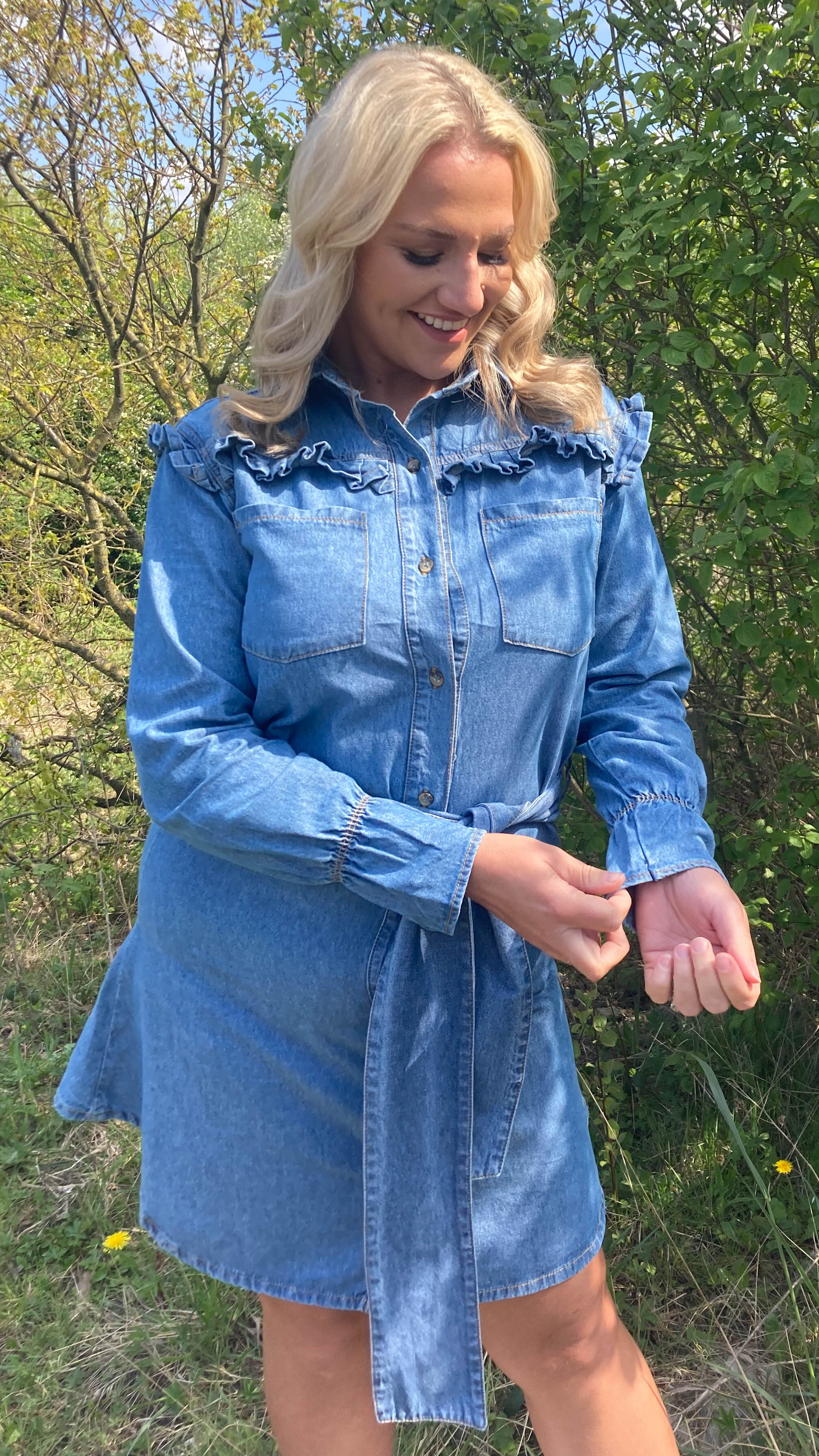 CurveWow Ruffle Denim Shirt Dress - Image 4