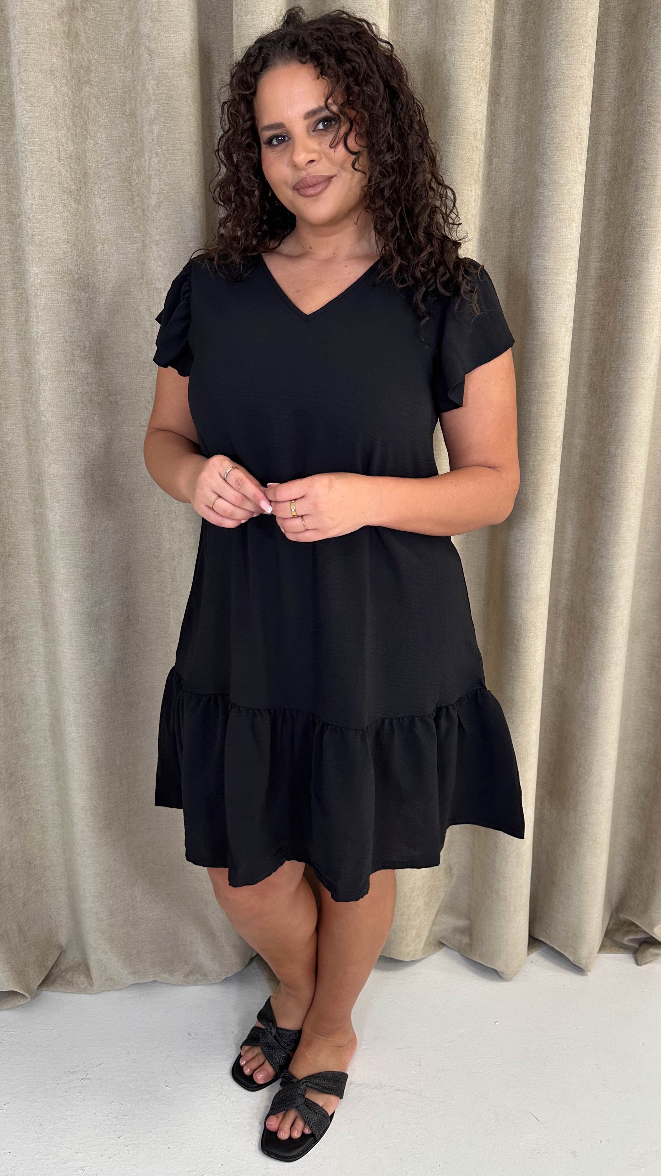 CurveWow Ruffle Tiered Mini Dress Black - Image 3