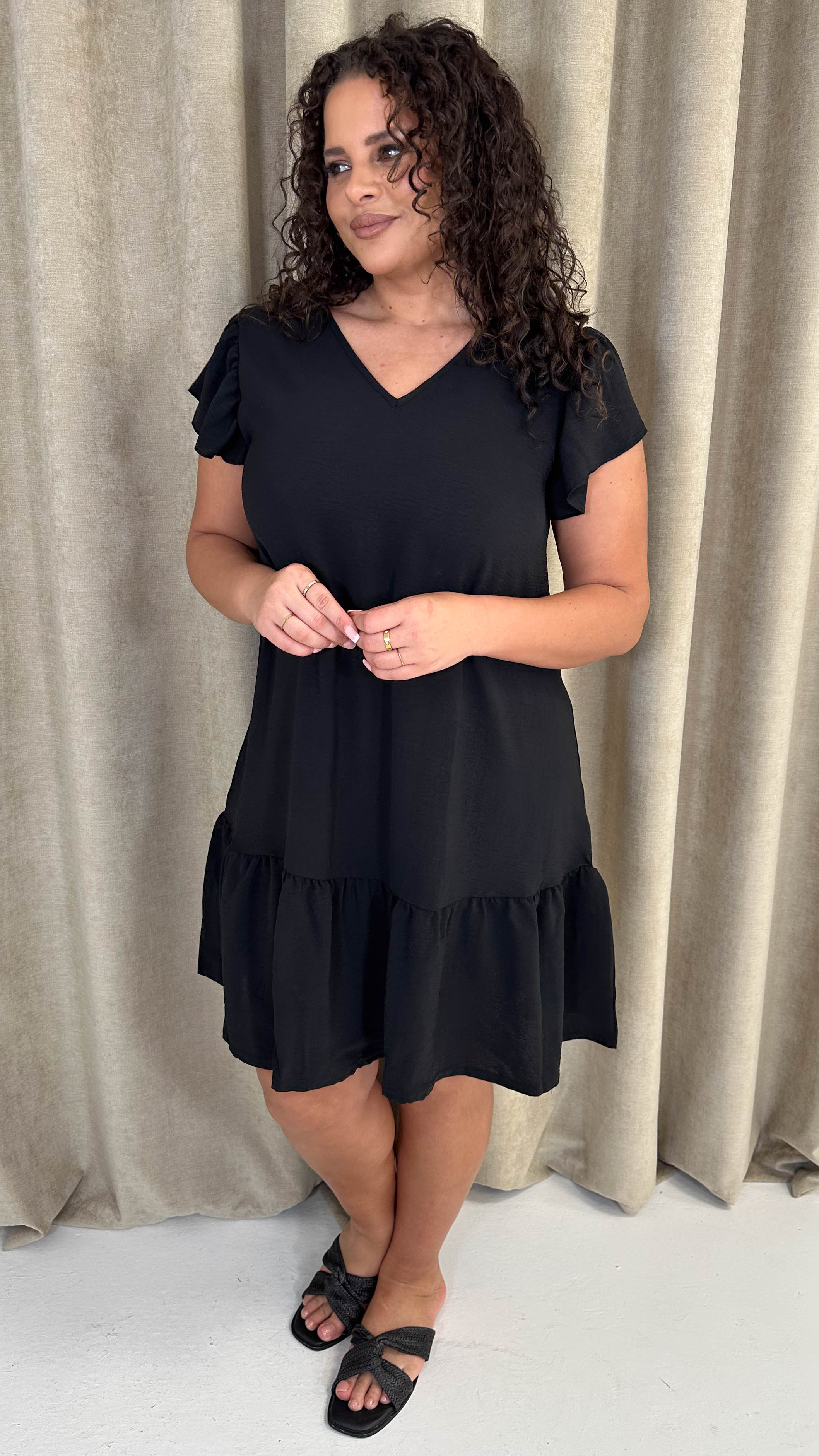 CurveWow Ruffle Tiered Mini Dress Black - Image 5
