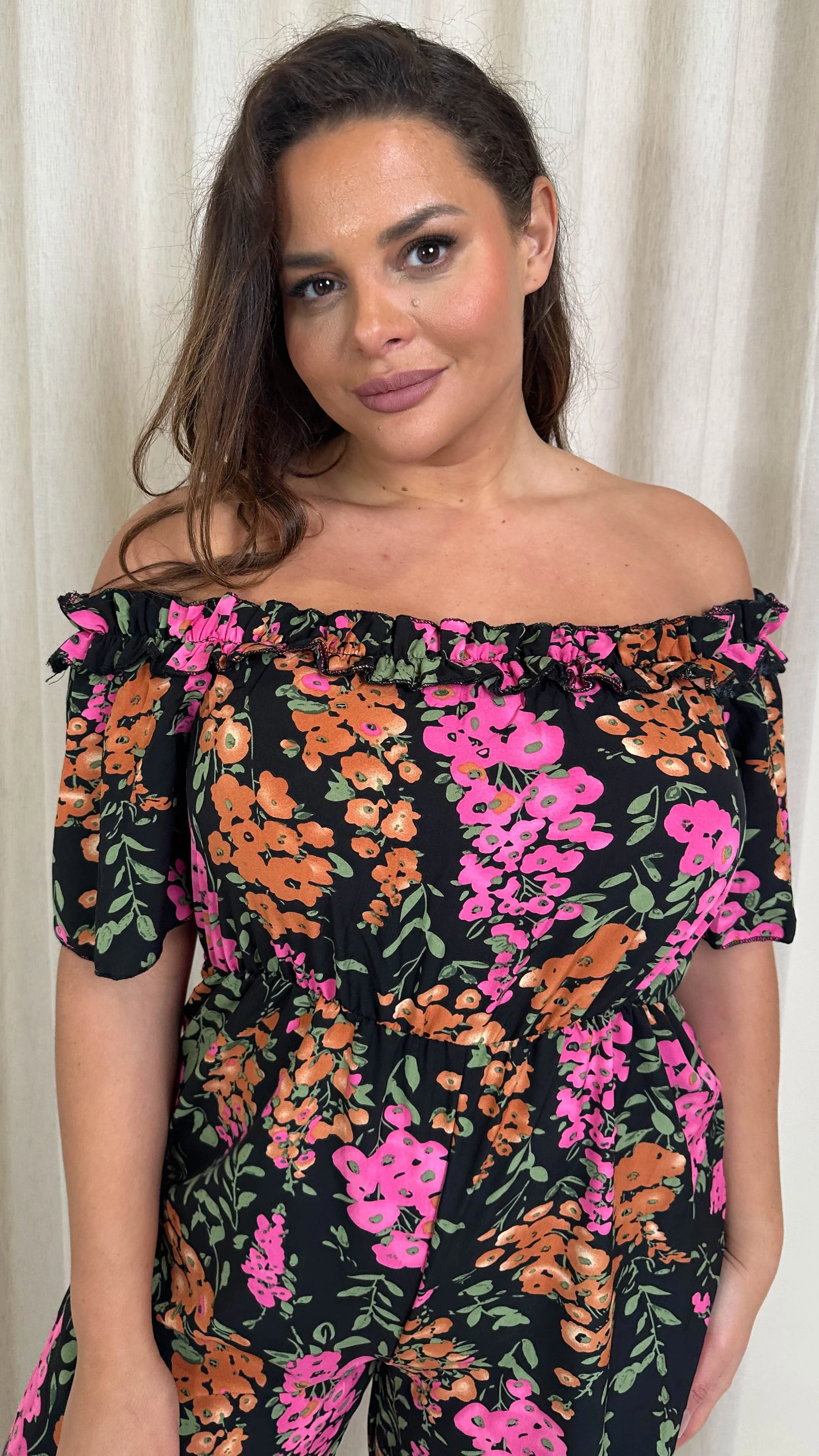 CurveWow Ruffle Wide Leg Jumpsuit Black Floral - Image 2