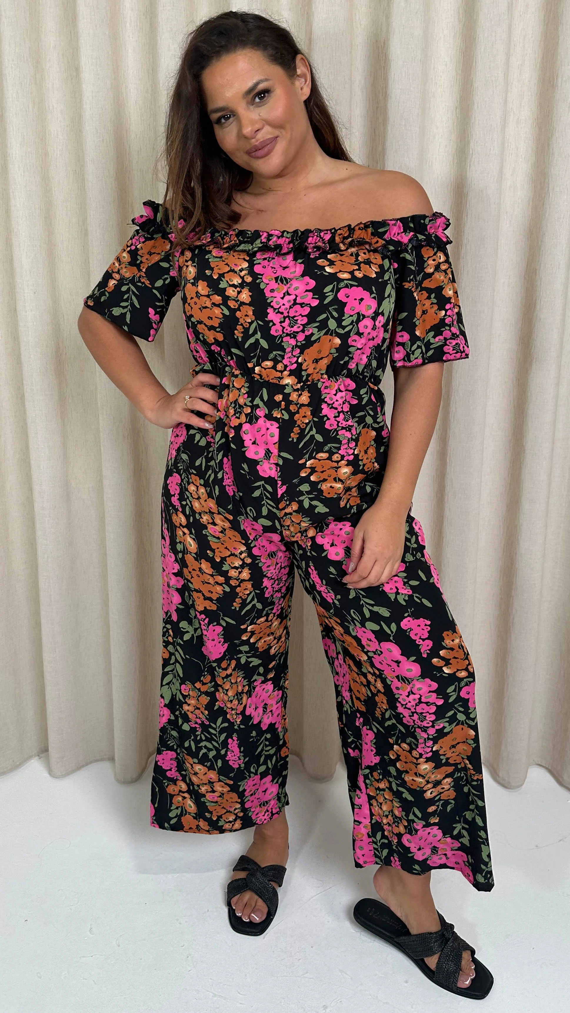 CurveWow Ruffle Wide Leg Jumpsuit Black Floral - Image 3