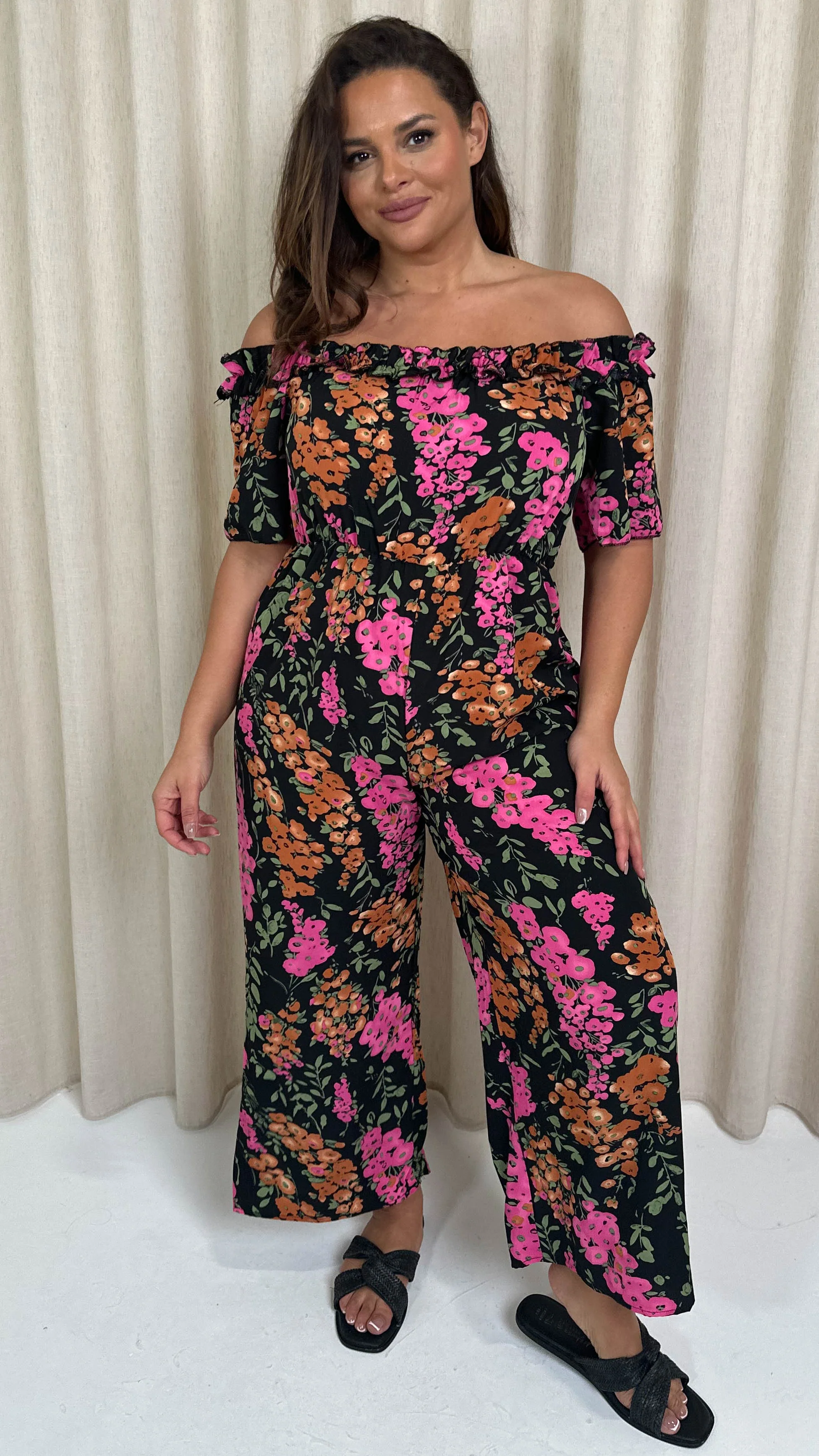 CurveWow Ruffle Wide Leg Jumpsuit Black Floral - Image 5