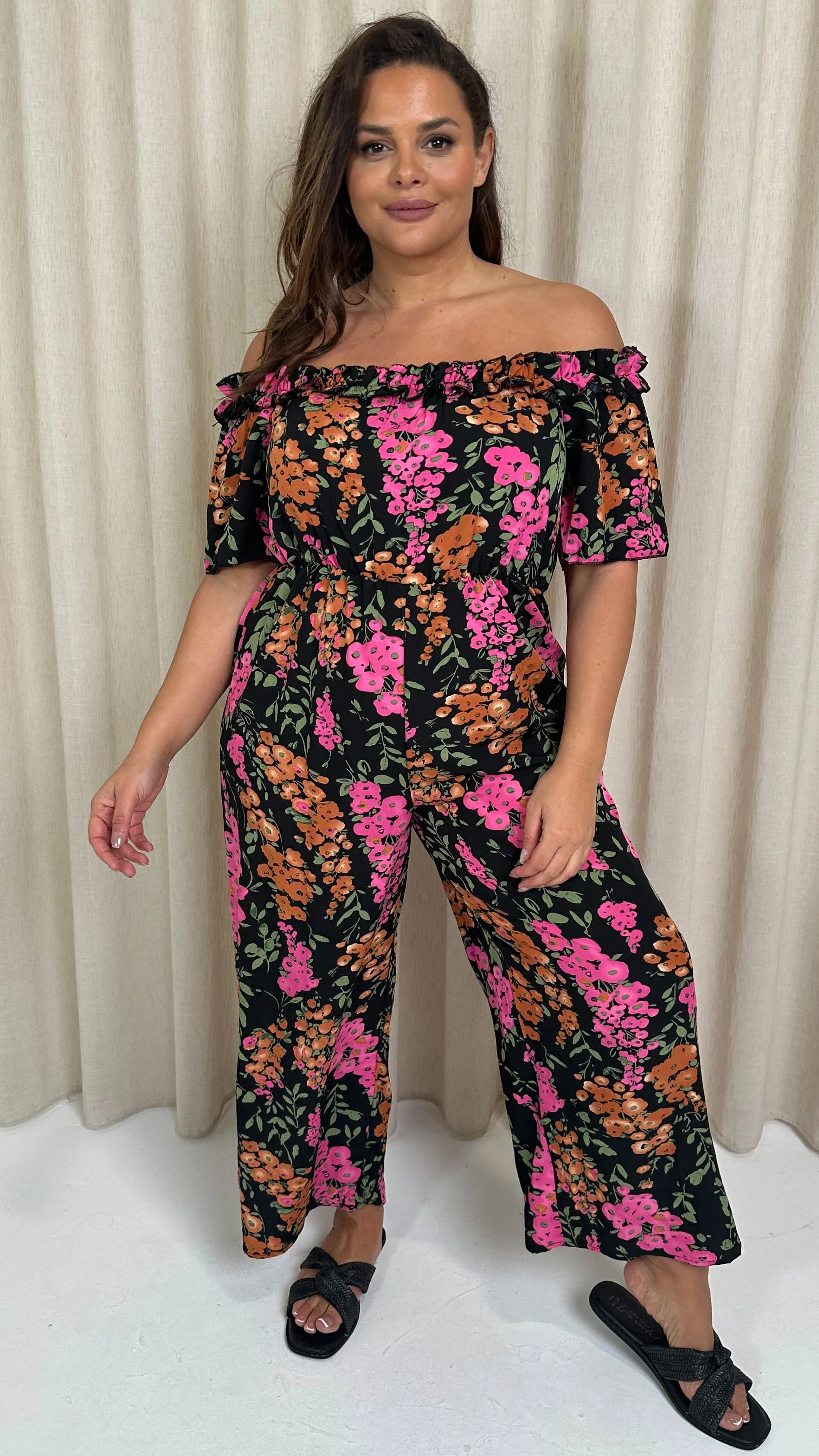 CurveWow Ruffle Wide Leg Jumpsuit Black Floral - Image 7