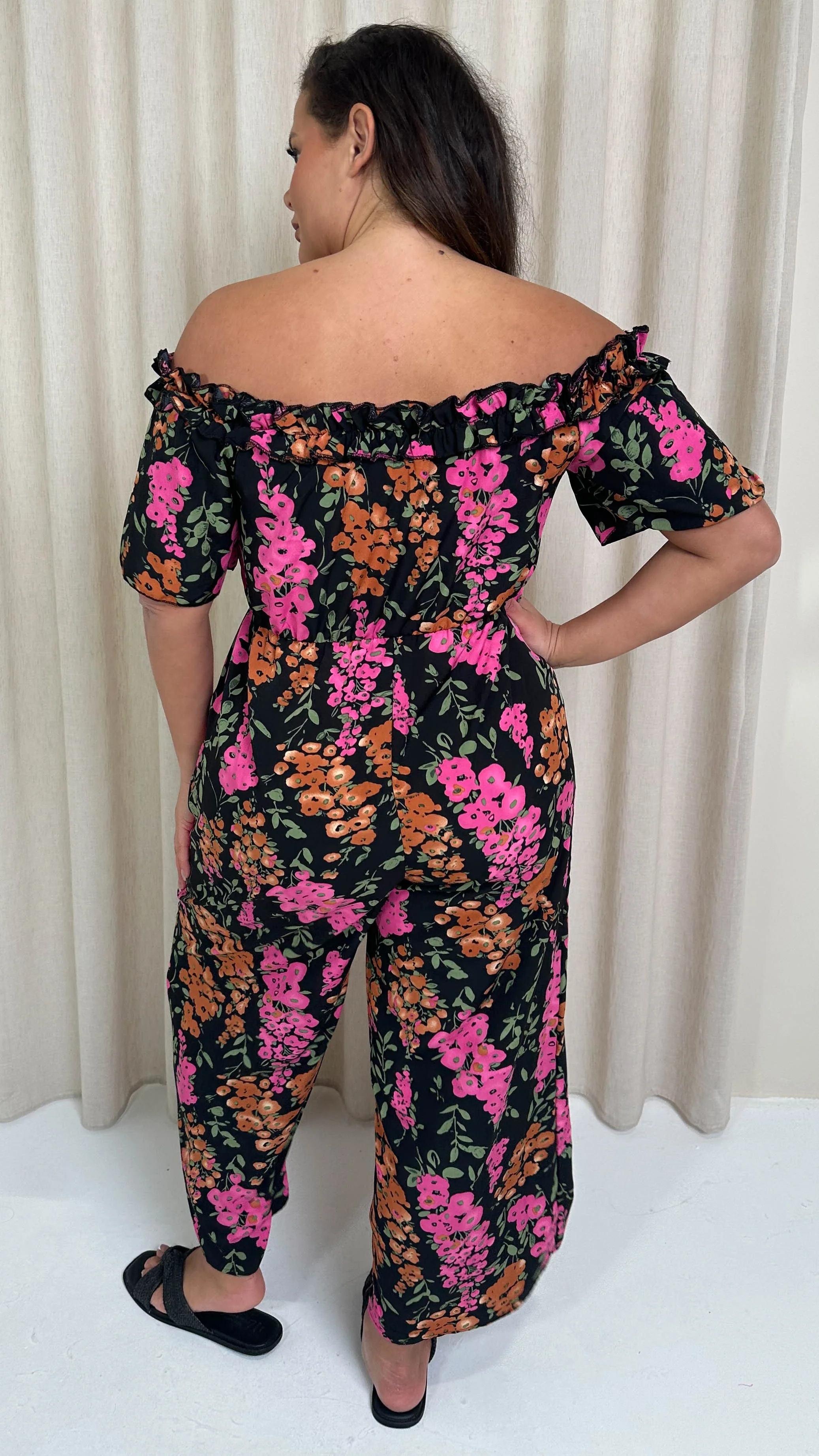 CurveWow Ruffle Wide Leg Jumpsuit Black Floral - Image 8
