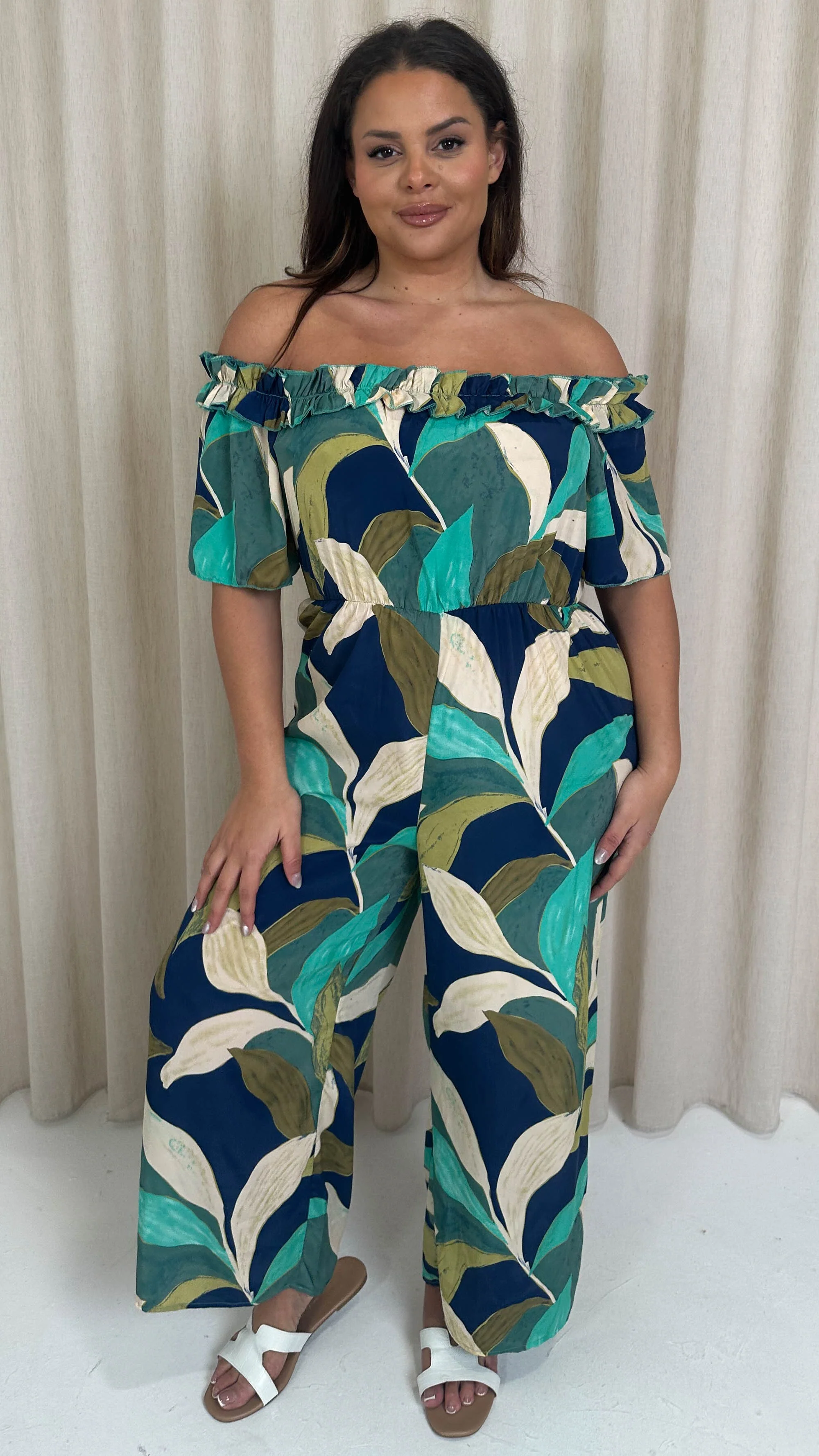CurveWow Ruffle Wide Leg Jumpsuit Blue/Green Leaf - Image 3