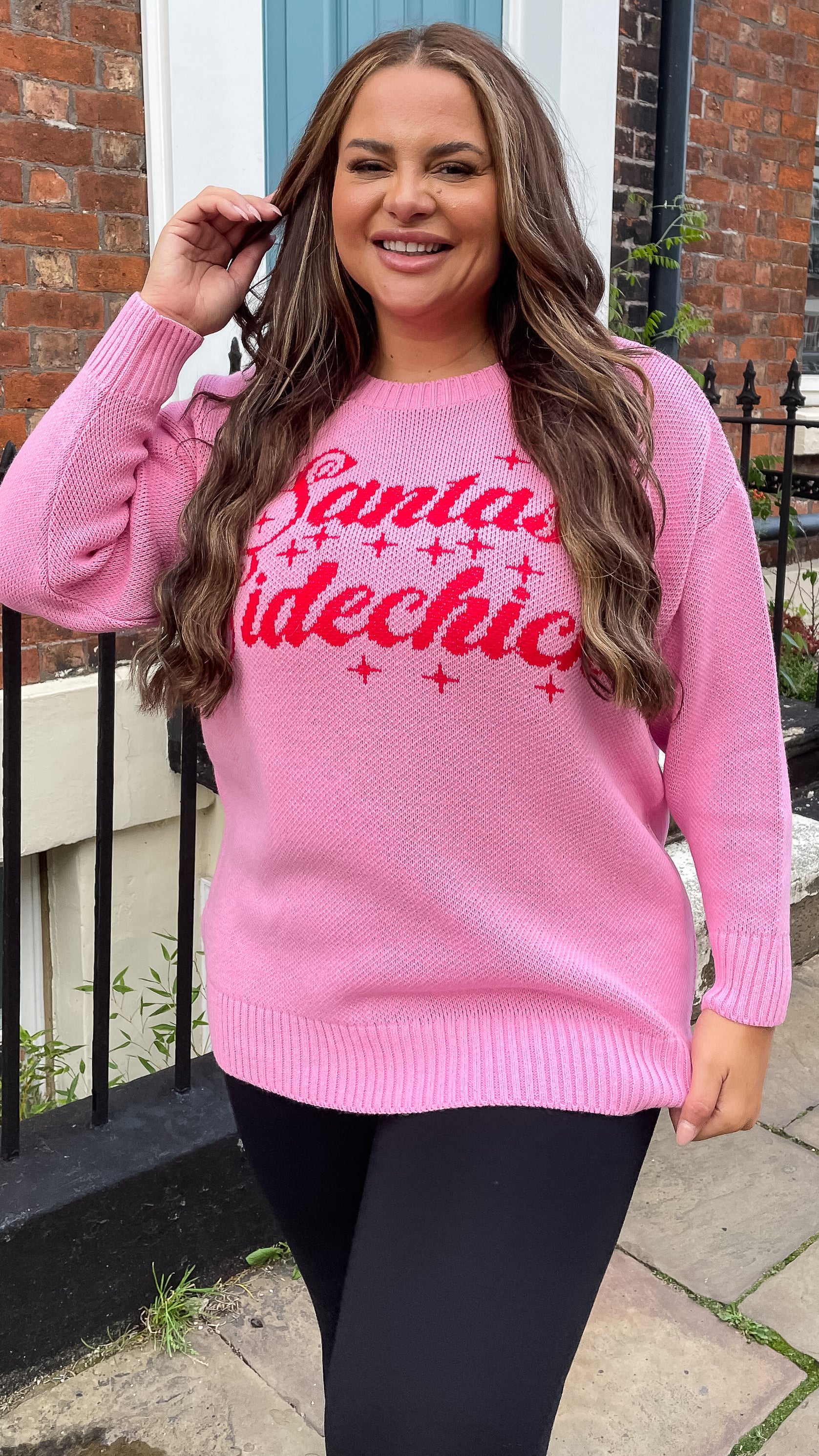CurveWow Santas Sidechick Slogan Knitted Jumper Pink - Image 7