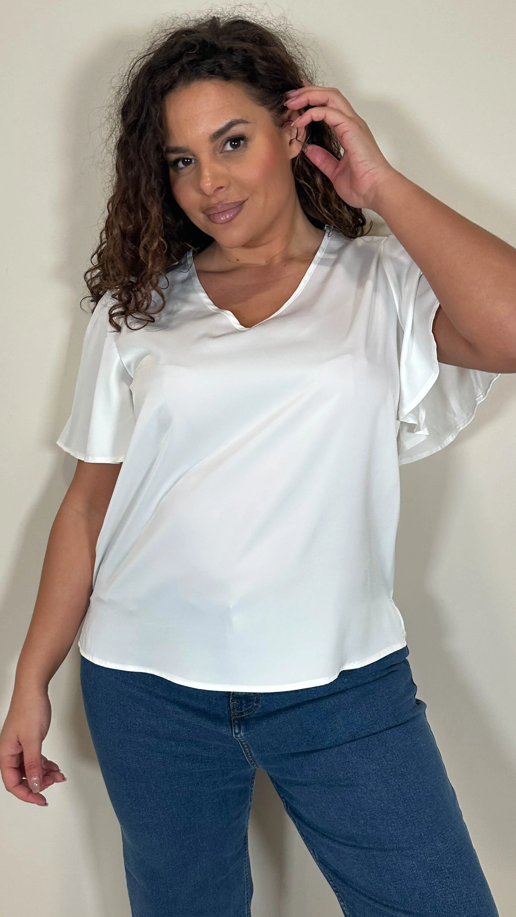CurveWow Satin Angel Sleeve Top White - Image 2