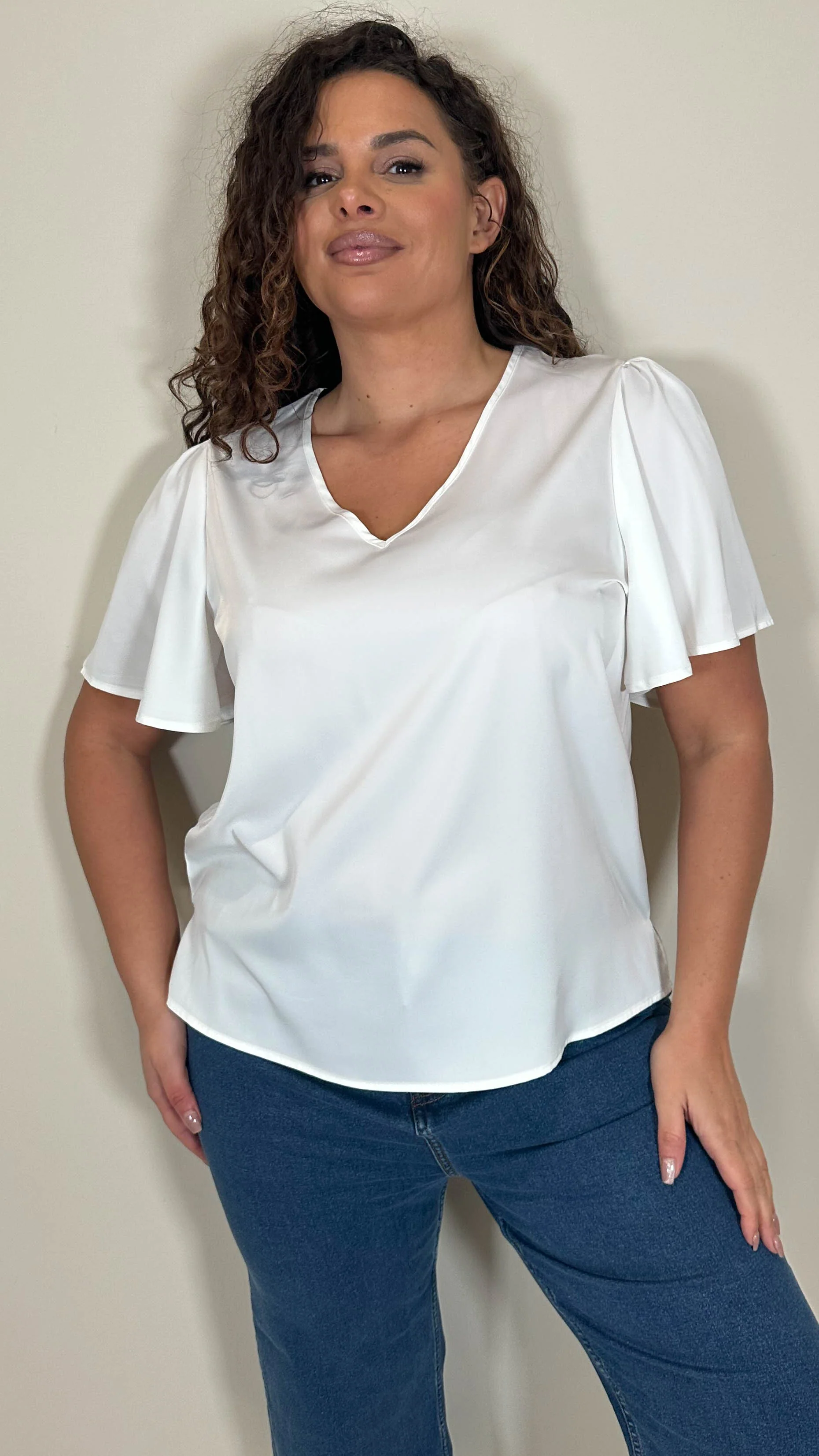 CurveWow Satin Angel Sleeve Top White - Image 3
